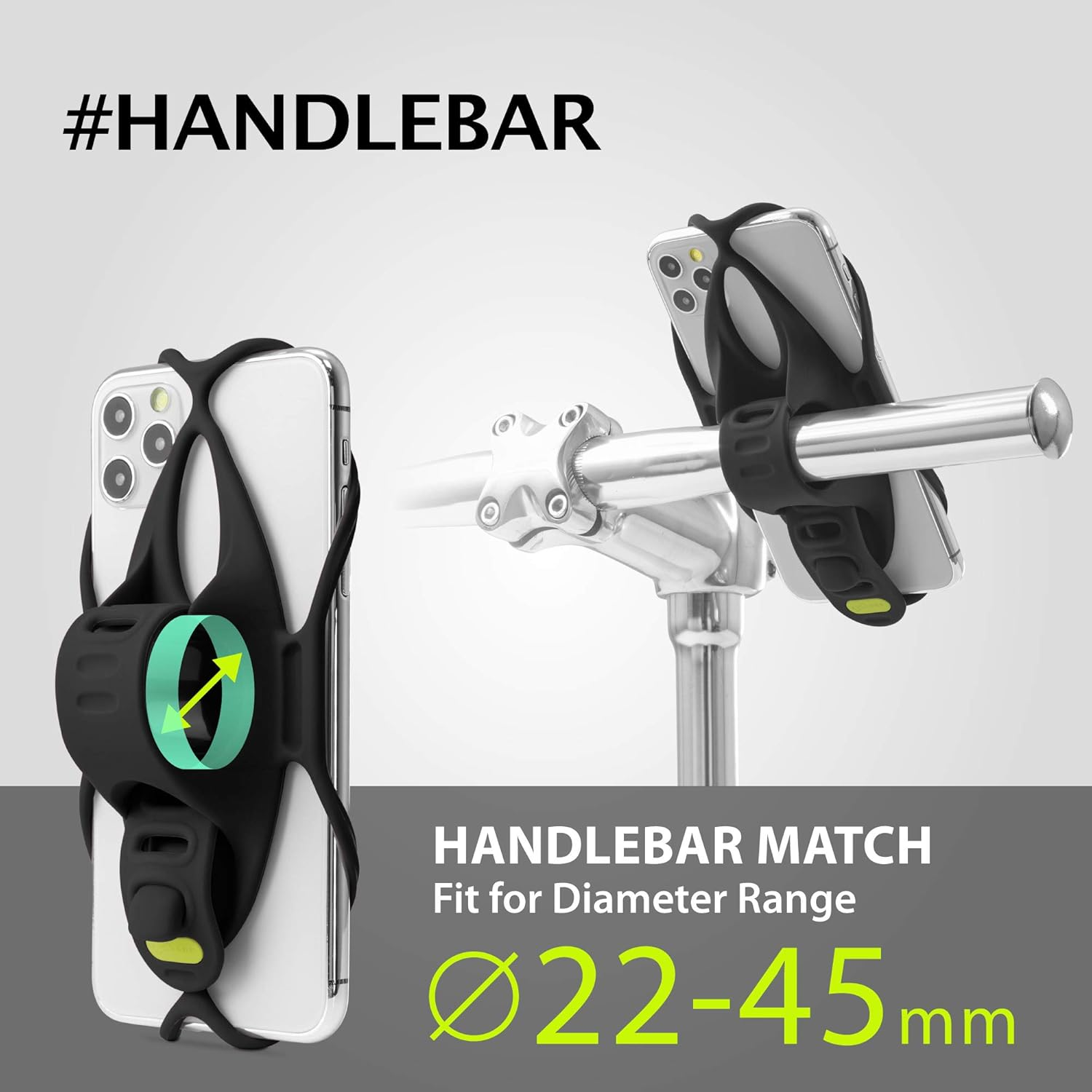 BONE Bike Tie 4 Bike Phone Holder for Handlebar Mounting, Universal Cell Phone Holder for 4.7" to 7.2", Face ID Compatible, Ultra Light Silicone Bike Phone Mount for Road Touring Black