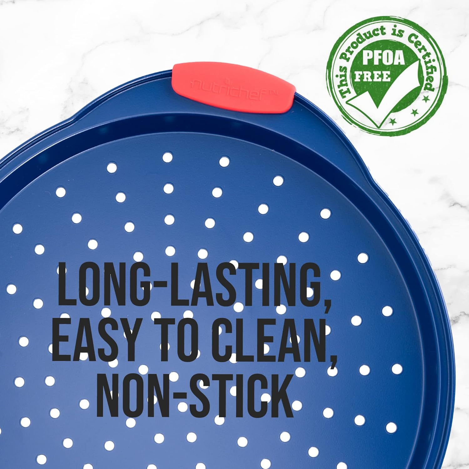 Nutrichef 13-Inch Nonstick Pizza Tray - round Carbon Steel Non-Stick Pizza Baking Pan with Perforated Holes, Premium Bakeware Pizza Screen with Silicone Grip Handles, Dishwasher Safe - Blue image number 1