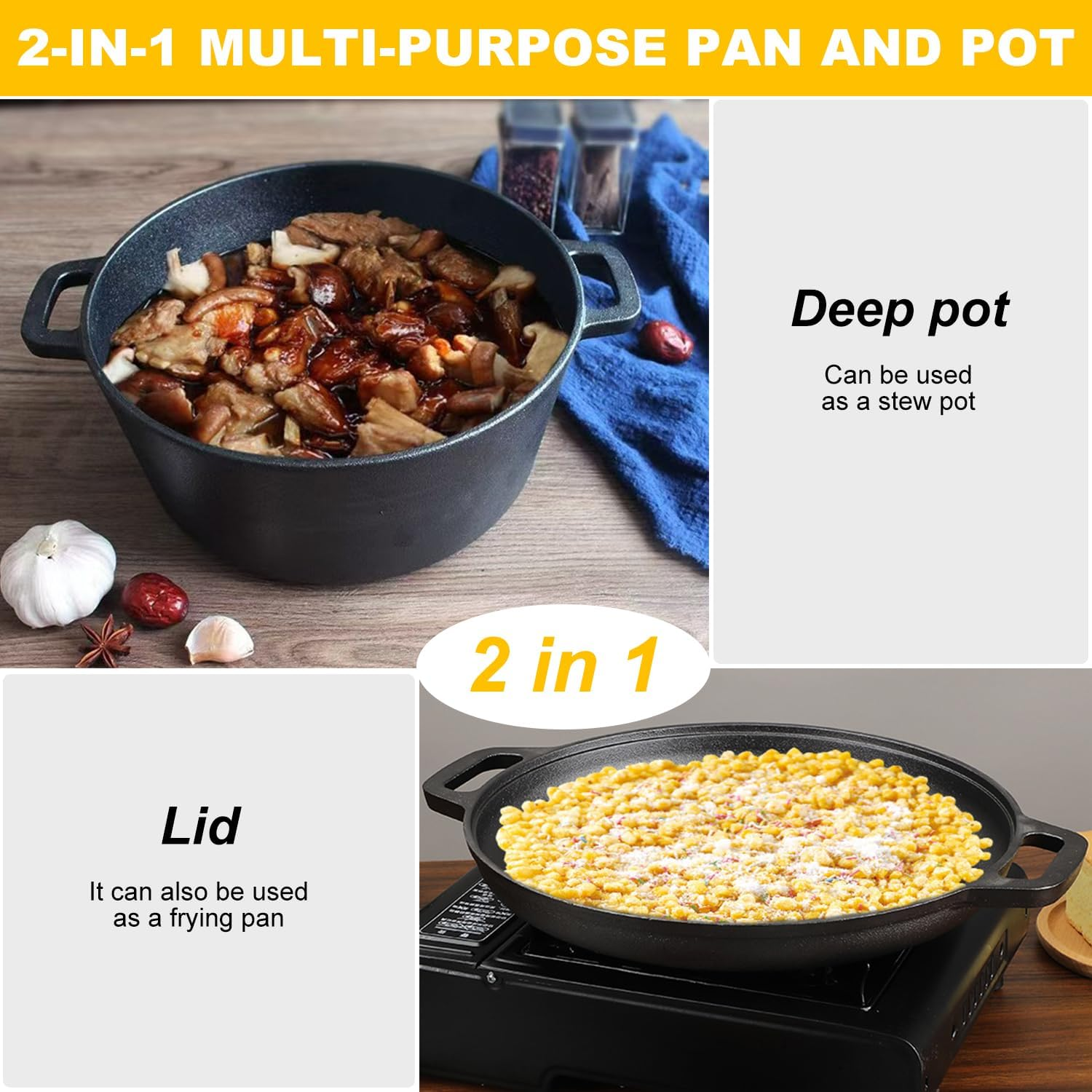 2-In-1 Pre-Seasoned Cast Iron Dutch Oven Pot with Skillet Lid Cooking Pan, round Double Function Dutch Oven, Cast Iron Pots and Pans Set with Anti-Scald Clip, Multi-Purpose, Diameter 26Cm, 4.7L image number 6