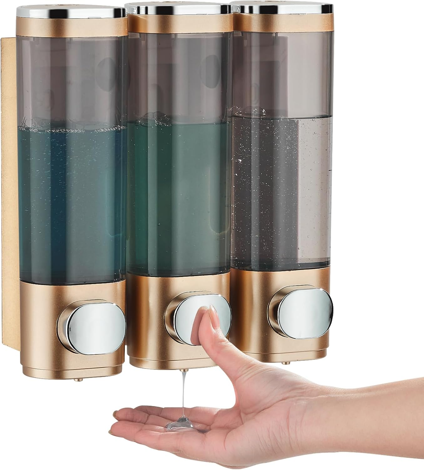 Pollock Shampoo Conditioner Dispenser Shower Soap Dispenser 3 Chamber No Drill Shampoo Dispenser for Shower Wall Mounted Shampoo Conditioner Body Wash Dispenser for Bathroom Hotel Gold image number 1