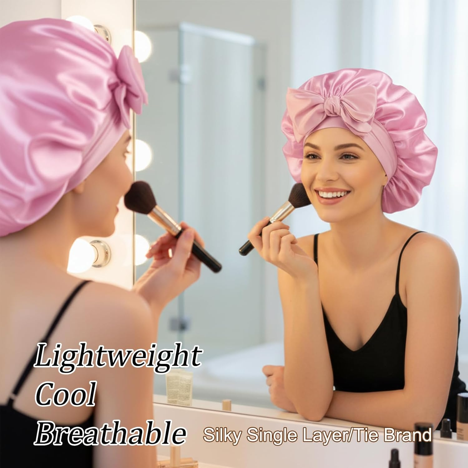Silk Bonnet for Sleeping, 42Cm Large Size with Cross Design, Includes Pink Hair Tie, Ideal for Gym, Travel and Daily Use image number 1