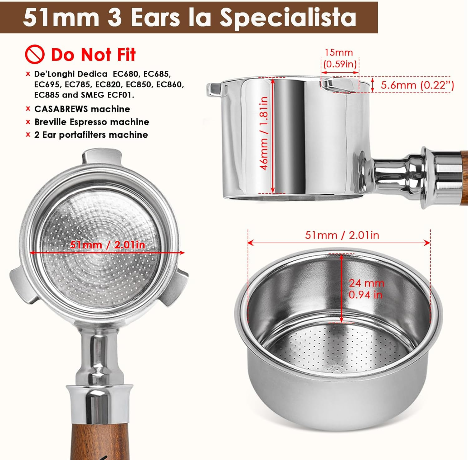 3 Ear Filter Holder for De'Longhi La Specialista Espresso Machine, 51Mm, EC9335, 9155, 9355, 9665, 100% Cup, Stainless Steel Filter Basket and Walnut Handle DE image number 3