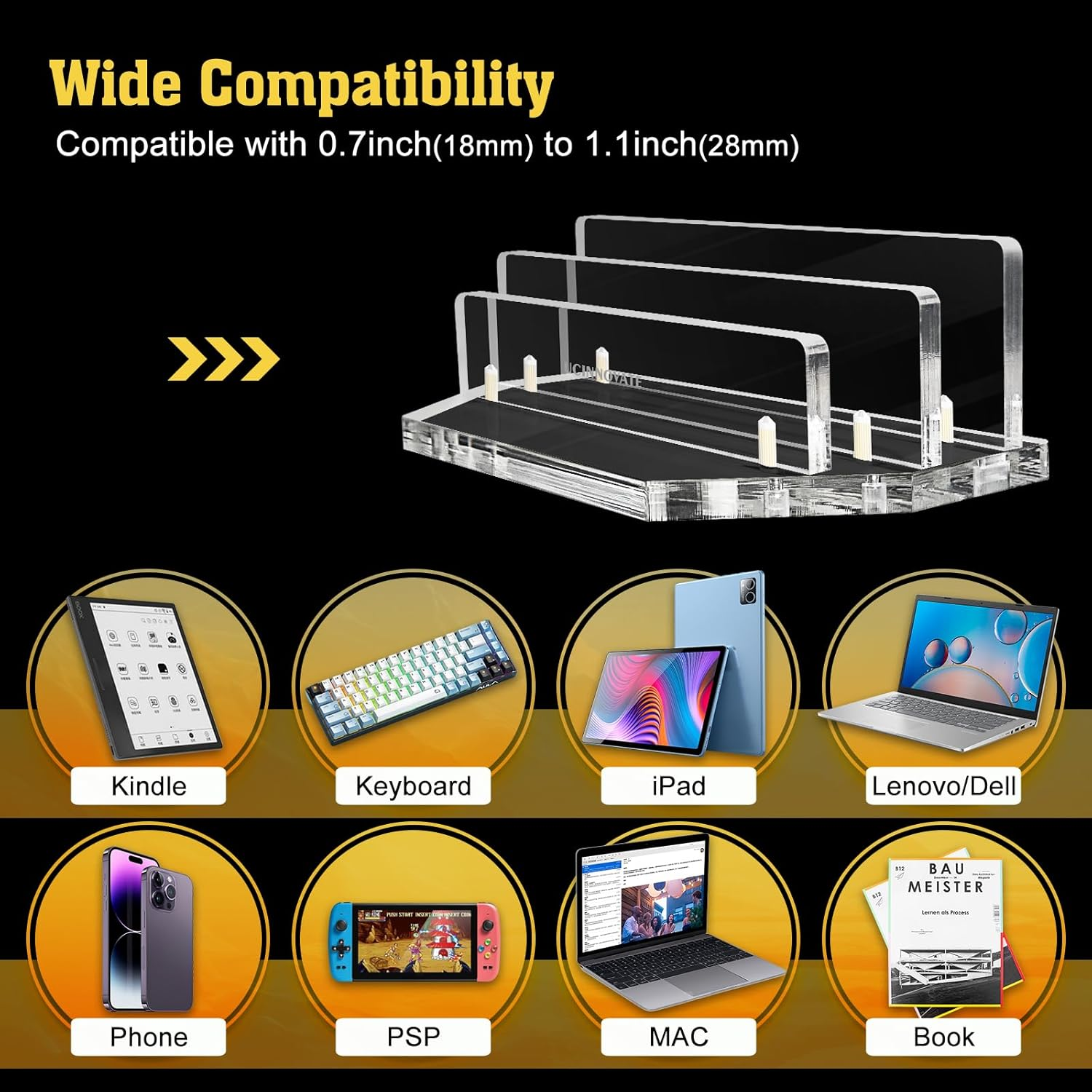 UCINNOVATE Vertical Laptop Stand, Adjustable Acrylic Desktop Stand with Adjustable Slot Size (0.7-1.1Inch) Compatible with Macbook/Surface/Ipad/Lenovo/Dell/Gaming Laptops/Keyboard (Clear) image number 3