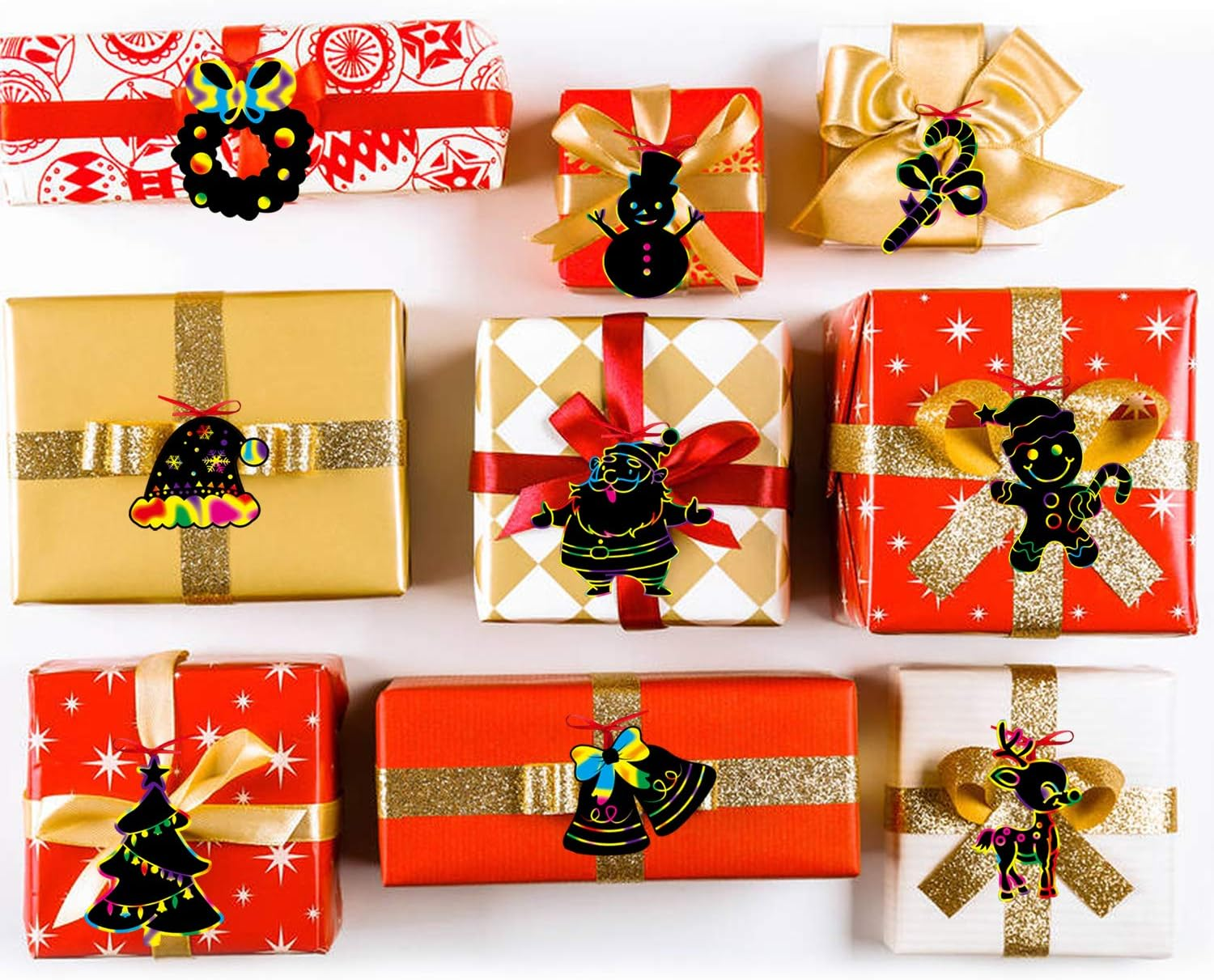 DERAYEE Pack of 48 Christmas Scratch Pictures Scratch Paper Set with Wooden Pens and Ribbons Rainbow Scratch Christmas Stockings Christmas Tree for Christmas Children Gift image number 6