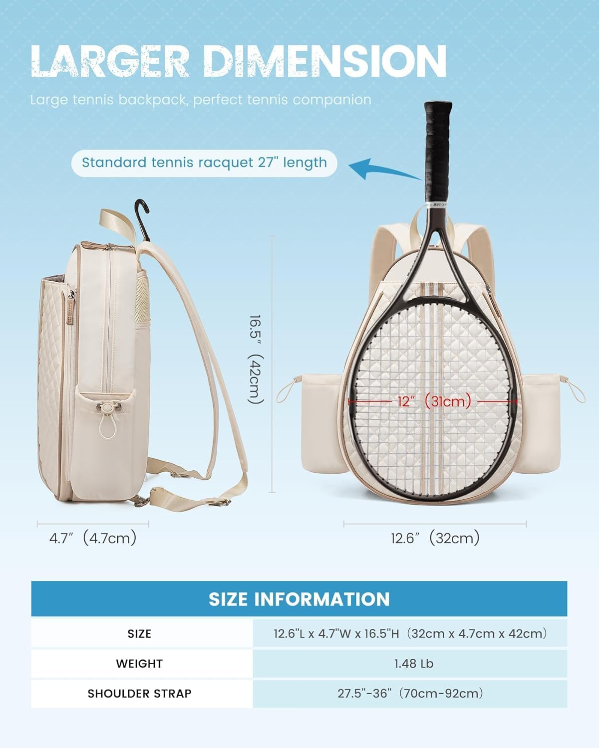 Tennis Bag &ndash; Quilted Crossbody Backpack, Water-Resistant Racket Bag for Tennis, Pickleball, and Badminton &ndash; Sports for Women & Men image number 3