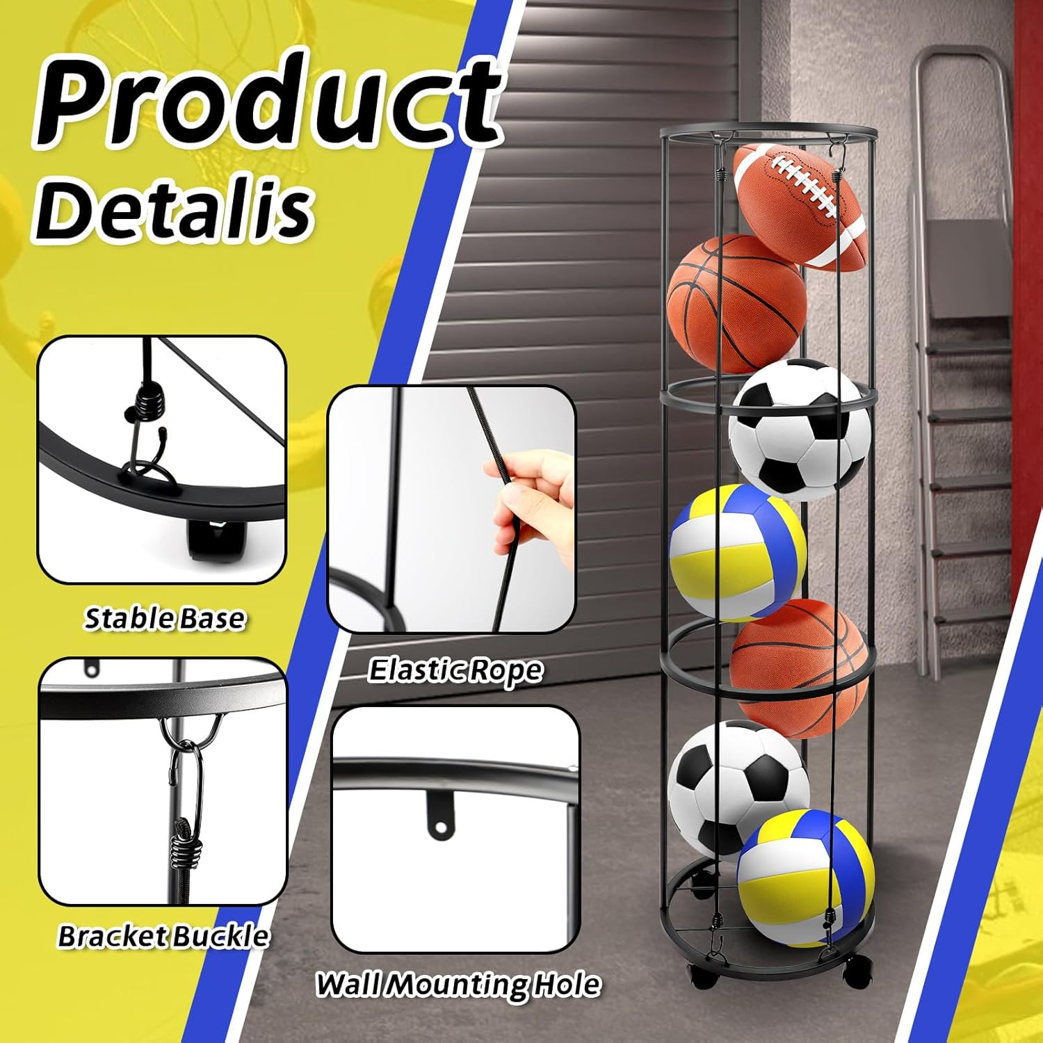 ZEMBSOYA 3 Layer Garage Ball Storage, Columnar Vertical Ball Storage Racks with Wheels, Ball Rack Organizer for Basketball, Football, Volleyball, Ball Organizer for Room, Garage, Home image number 3