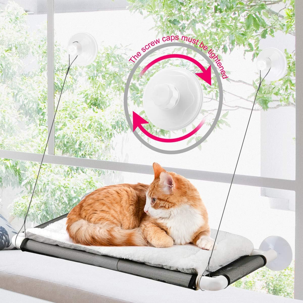 Cat Window Perch Hammock Seat with Free Fleece Blanket - 2023 Latest Screw Suction Cups, Extra Large Sturdy Bed, Resting Seat for Two Large Cats, White, Indoors (One Extra Suction Cup) image number 6