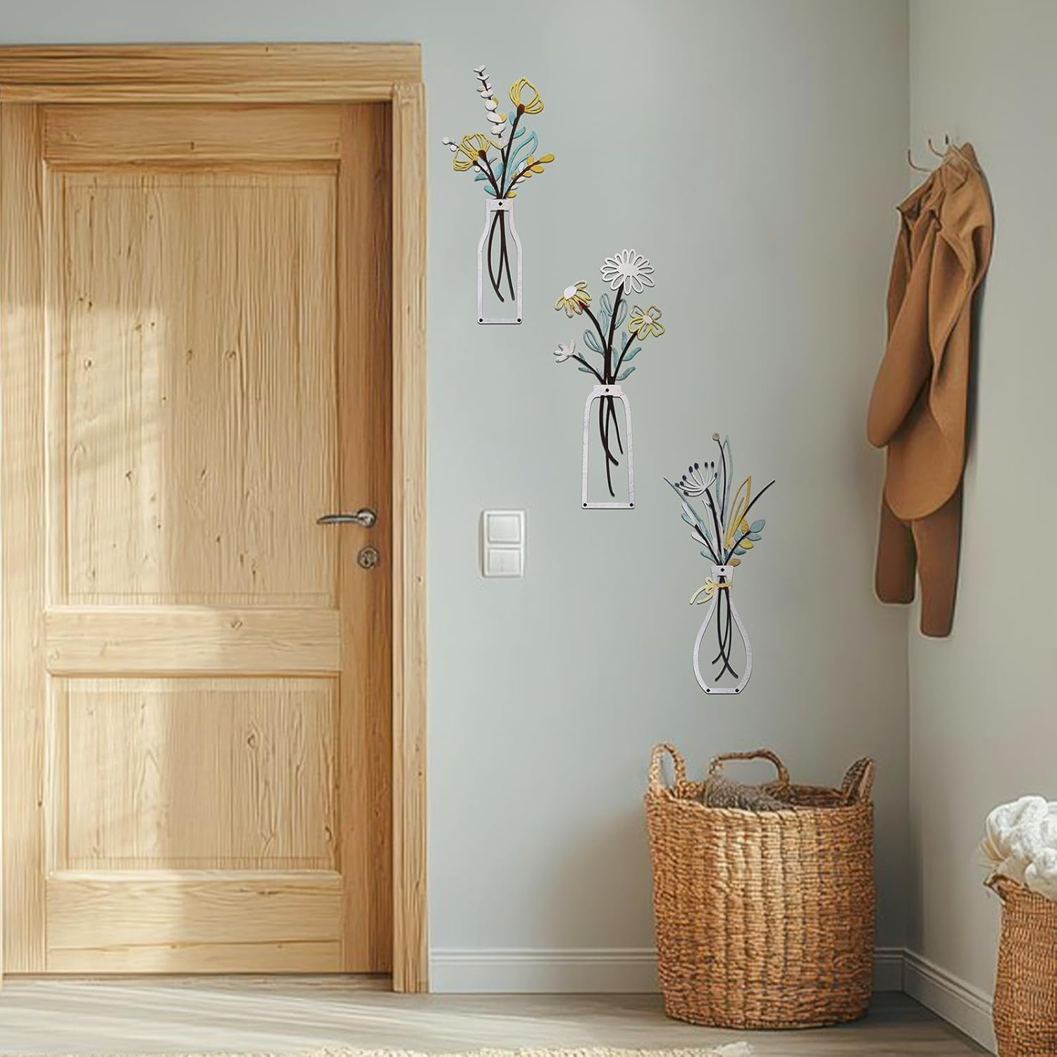 3 Pack Metal Flower Wall Art - Minimalist Beige Farmhouse Decor for Living Room, Bedroom, Bathroom & Dining Room | Housewarming Gift - Black image number 6