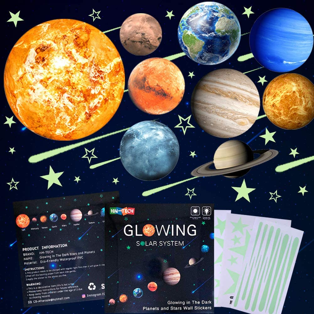 Glow in the Dark Stars and Planets, Bright Solar System Wall Stickers -Sun Earth Mars,Stars,Shooting Stars and so On,9 Glowing Ceiling Decals for Bedroom Living Room,Shining Space Decoration for Kids image number 2
