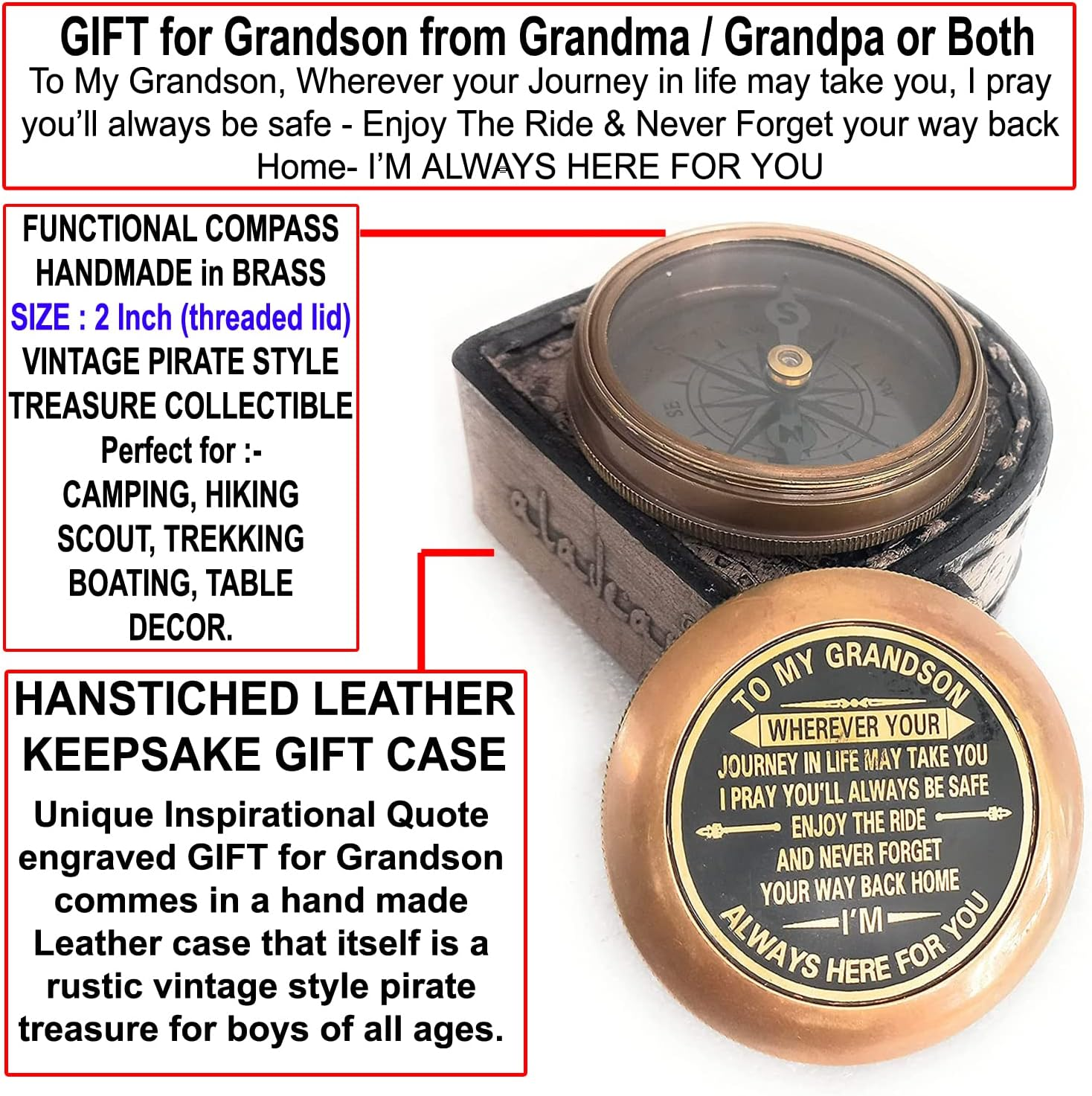 ALADEAN Brass Compass 2" | Engraved Quote Gift for Birthday Anniversary Wedding Christmas Thanksgiving Graduation Confirmation Baptism image number 3