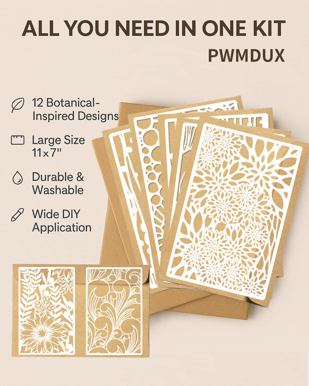 12Pcs Stencils for Crafts Reusable, Flower Leaf Texture Mixed Stencils for Painting, Geometric Spider Web Templates Abstract Layering Spray Paint on Wood Furniture Card Canvas Paper Scrapbook