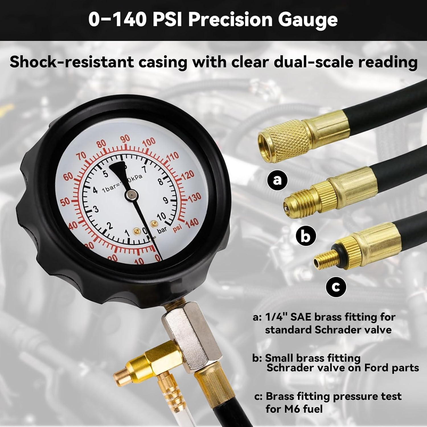 0-140PSI Fuel Pressure Tester Kit for Gasoline Engines Gasoline Pump Pressure Tester Automotive Fuel Pump and Injector Diagnostic Tool with Hoses & Adapters for Car, Truck, Motorcycle, ATV, RV, 20Pcs image number 4