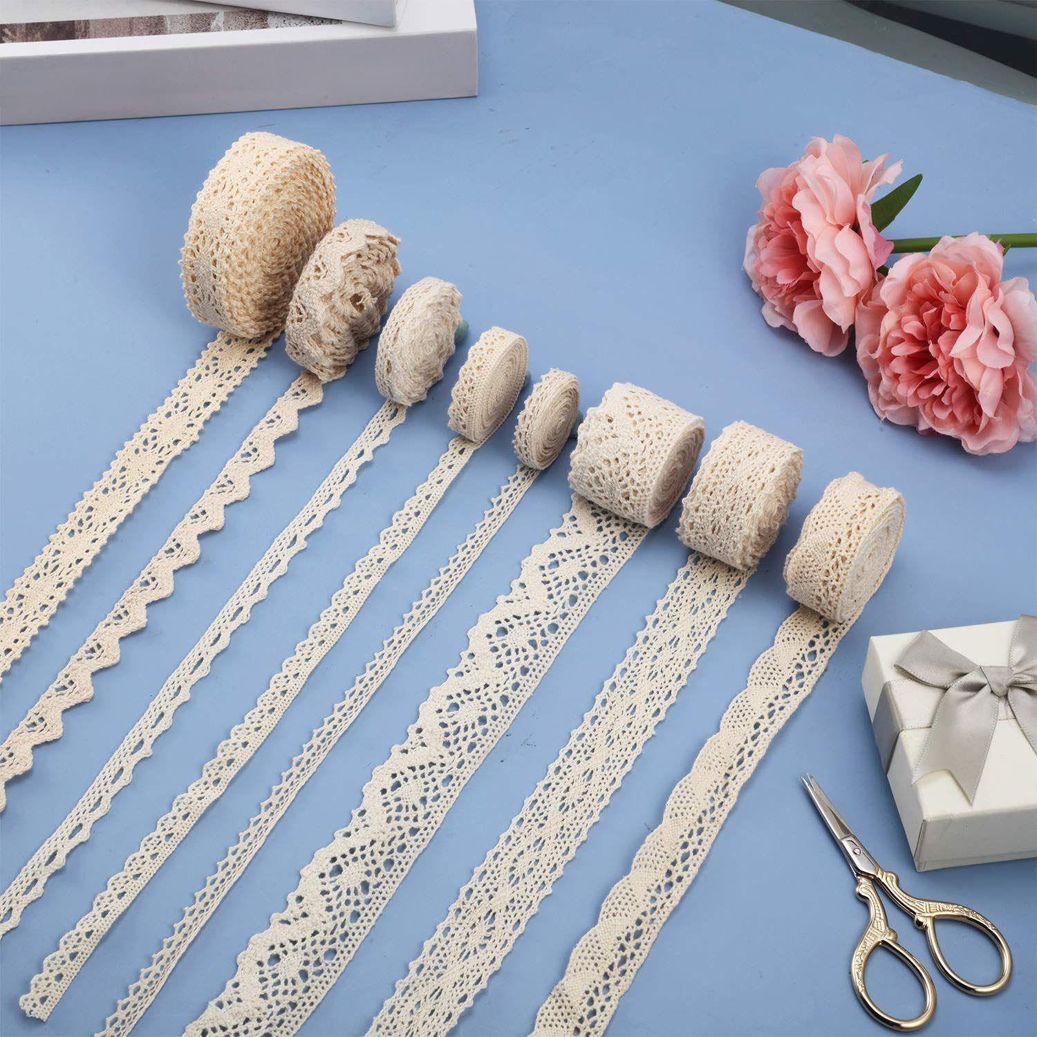 Tatuo 40 Yards Cotton Lace Trim Vintage Ribbon Crochet Cotton Lace Scalloped Edge for Bridal Wedding Decoration Christmas Package DIY Sewing Craft Supply, 5 Yards Each, 8 Styles(Beige) - Beige image number 4