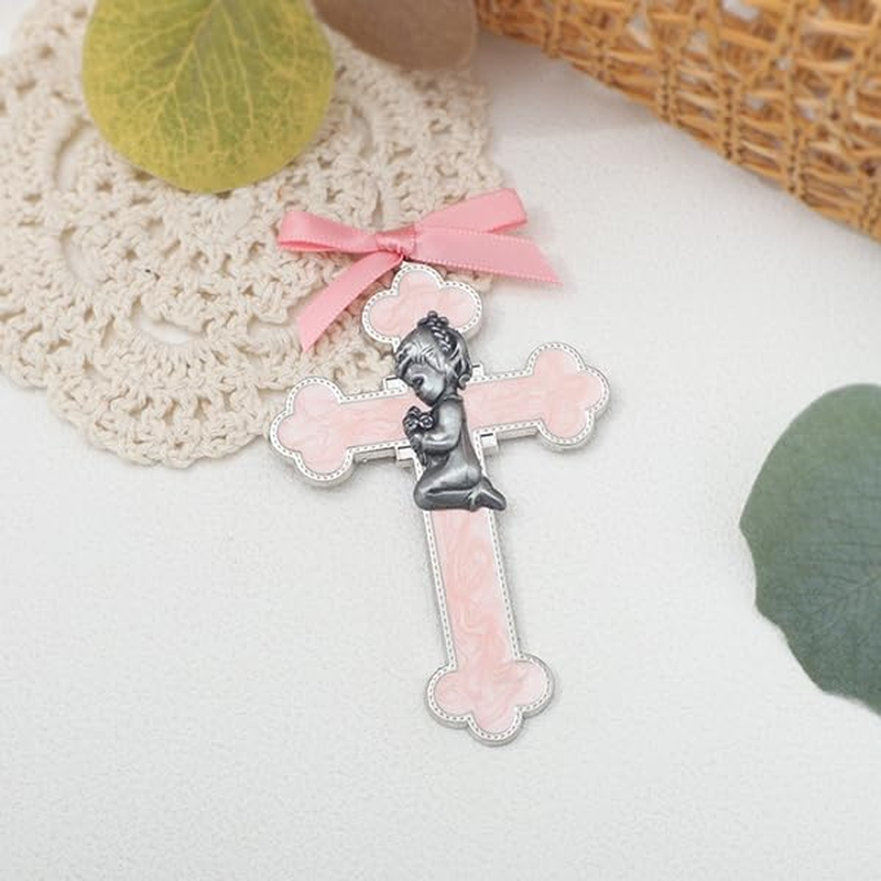 KOMI Pink Baby Wall Cross Baptism Gifts for Girls Praying Boy Cross Wall Hanging Decor Religious Catholic Baptism First Holy Communion Gifts