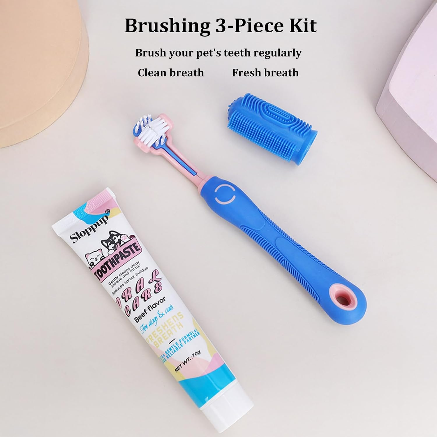 Pet Toothbrush and Toothpaste Set - Dog & Cat Dental Care Kit with Triple-Head Brush for Oral Hygiene
