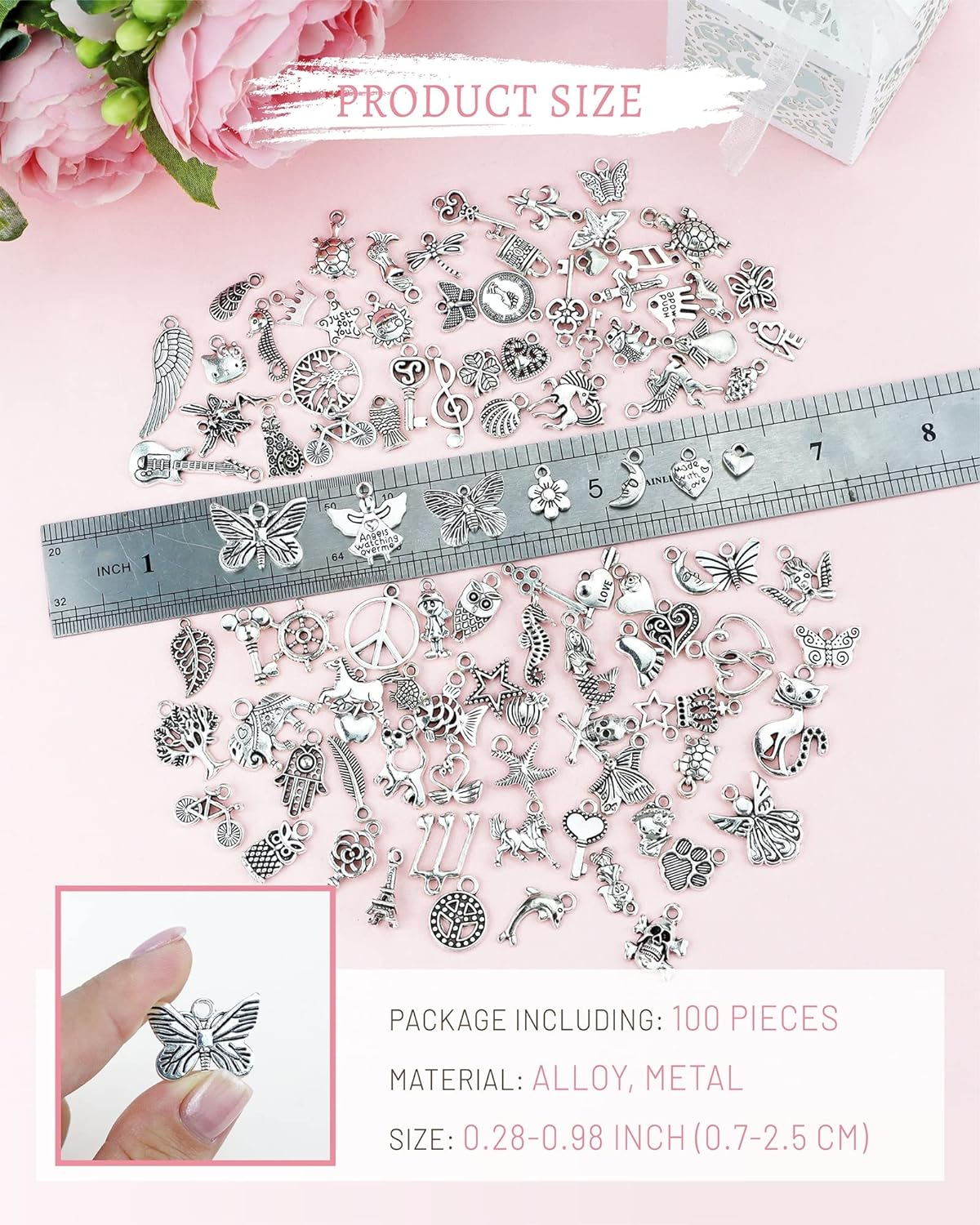 Wholesale Bulk Lots Jewelry Making Silver Charms Mixed Smooth Tibetan Silver Metal Charms Pendants DIY for Necklace Bracelet Jewelry Making and Crafting JIALEEY 100 PCS image number 6