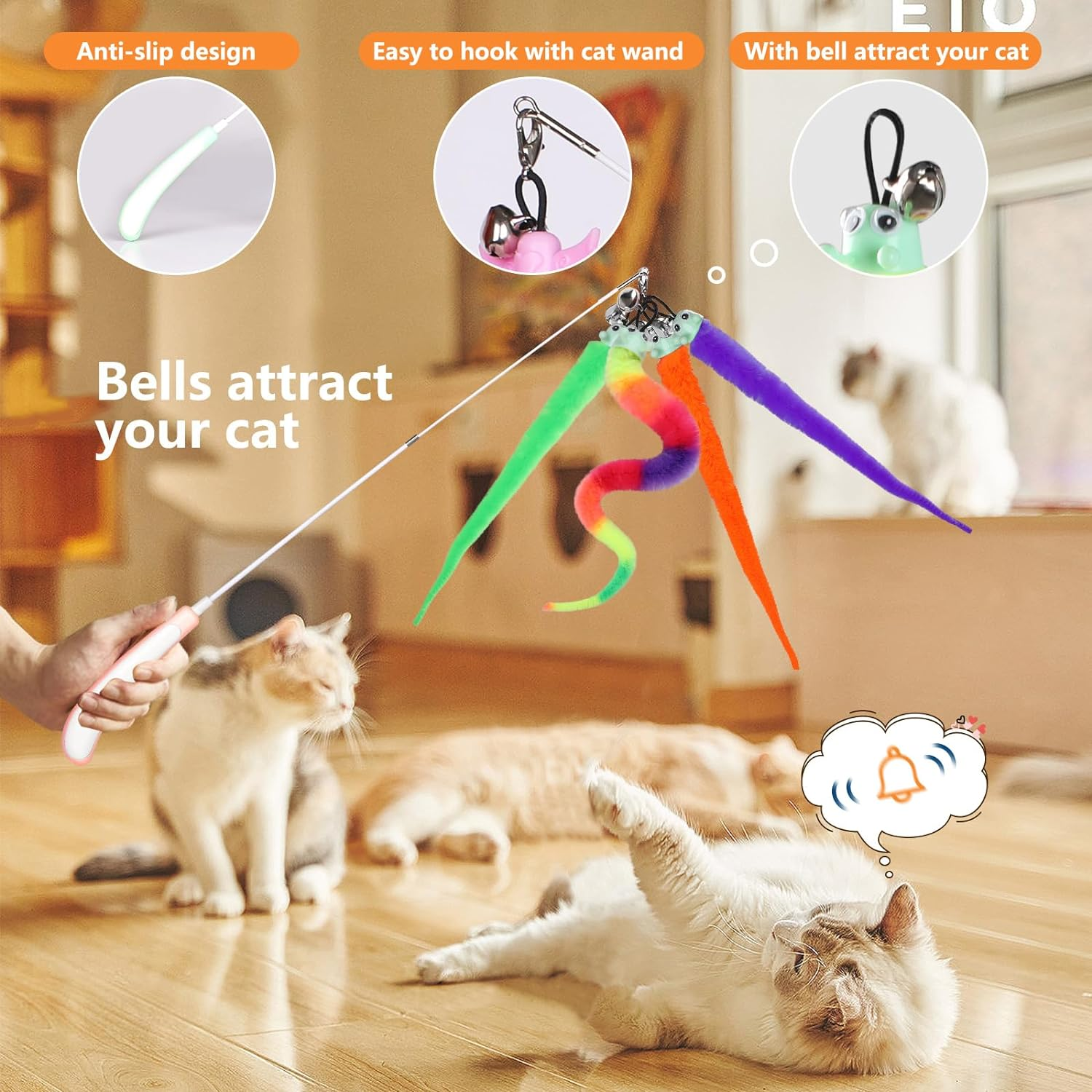 Hianjoo 12PCS Teaser Cat Toy, 4 Retractable Cat Wand Toys and 8 Replacement Teaser Refills with Bell, Interactive Catcher Teaser for Kitten or Cats
