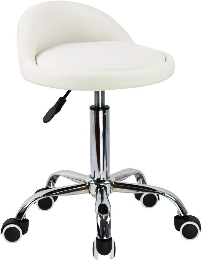 KKTONER PU Leather round Rolling Stool with Back Rest Height Adjustable Swivel Drafting Work SPA Task Chair with Wheels (White)