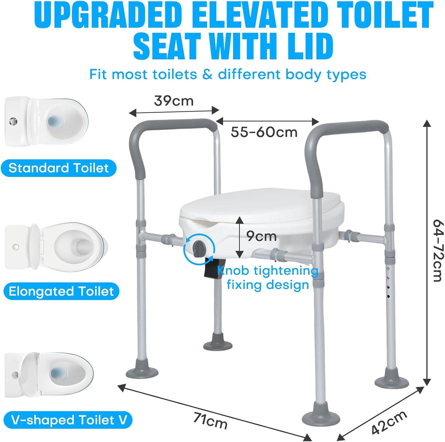 Toilet Seat Risers for Seniors with Handle, 150Kg Elevated Toilet Seat with Storage Bag, Adjustable Height, Bathroom Shower Chair for Elderly, Handicap, Pregnant, Injured (With Lid) image number 5