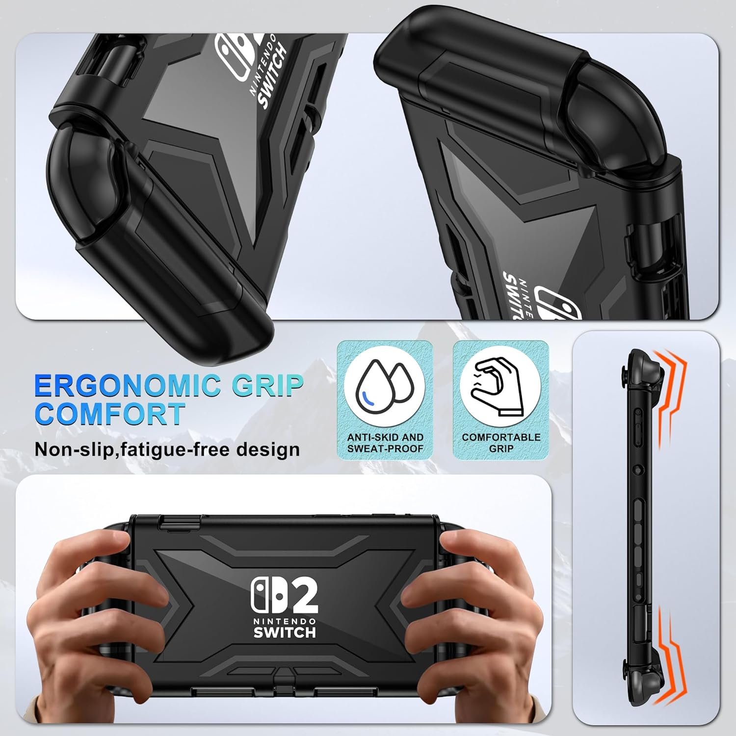 Protective Case for Nintendo Switch Lite, Full Protection Switch Lite Cover, TPU Shock-Absorption and Anti-Scratch for Nintendo Switch Lite Skin with Bult-In Screen Protector & Thumb Grip Caps, Black - Black image number 3