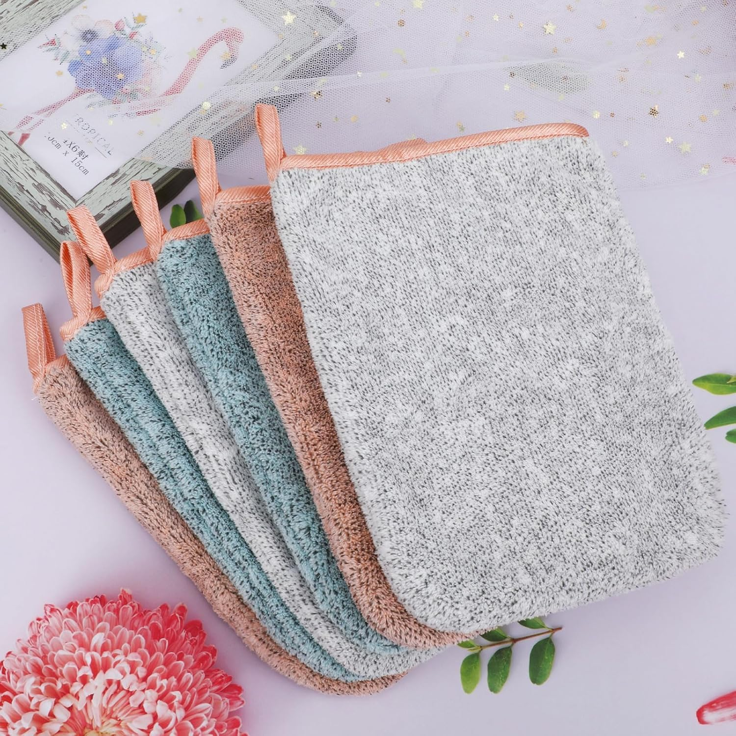 6 Pack Microfiber Body Wash Mitts, 6&times;8 Inch Super Absorbent & Soft Face Mitten, Coral Fleece Body Cleansing Bath Spa Cloth, Reusable Makeup Remover Mitt Gloves, 6 Colors (Pink) image number 3