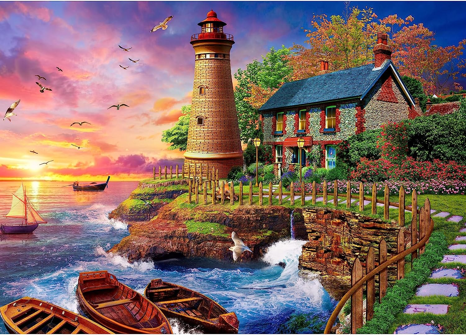 HUADADA Jigsaw Puzzles for Adults 1000 Pieces, Puzzles for Adults 1000 Piece, Challenging Game Toys, Impossible Puzzle, Family Decoration Puzzle - Sunset Lighthouse image number 4