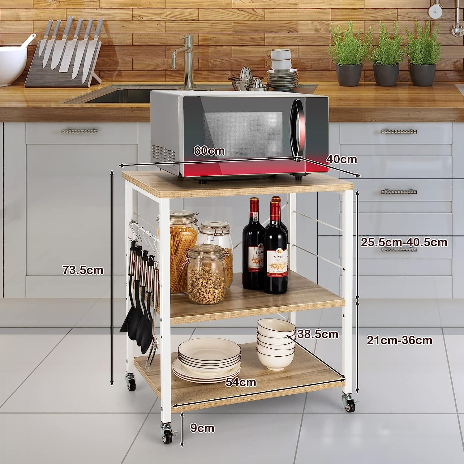 Giantex 3-Layer Kitchen Bakers' Rack Microwave Stand, Kitchen Rolling Cart with 4 Universal Wheels and 10 Removable Hooks, Coffee Cart Shelf Organizer for Living Room, Entryway (Natural) image number 6
