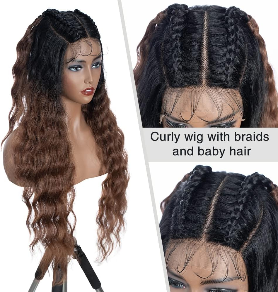 FASHION IDOL Lace Front Curly Wigs 31 Inches with Baby Hair Long Synthetic Natural Water Wavy Wig for Black Women Ombre Auburn with E Type HD Lace Wig image number 3