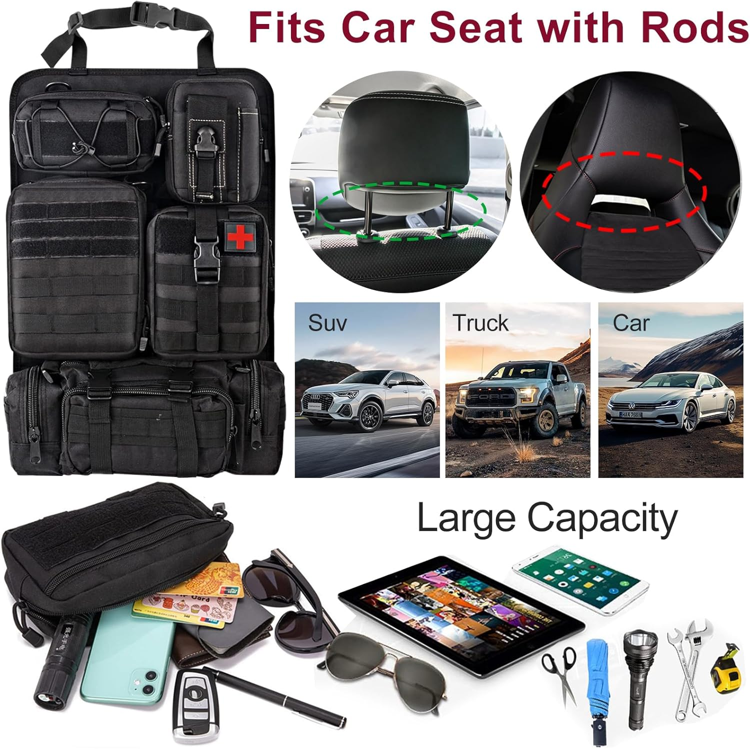 Universal Car Seat Back Organizer Bag, Tactical Car Seat Organizer Detachable Multifunction Back Seat Storage Bag for All Vehicel, Oxford Cloth Storage Bag with 5 Molle Pouches for Outdoor Camping image number 6