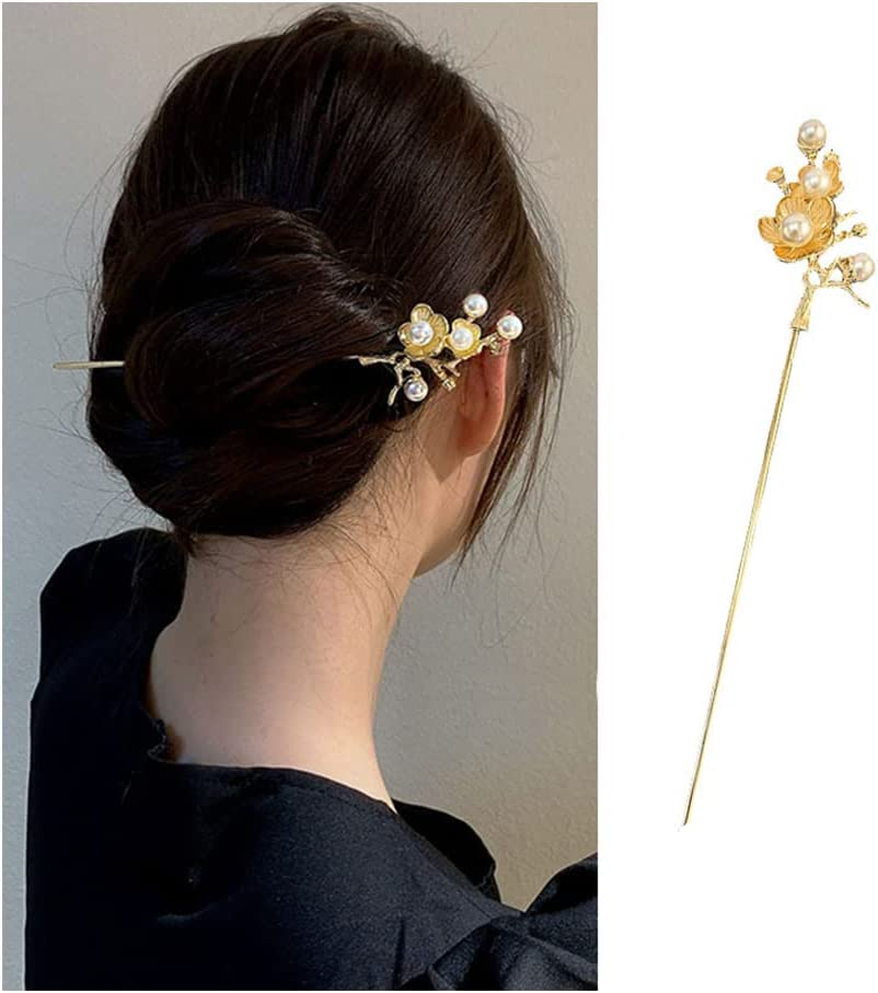 Pearls Hair Stick Pins Chopsticks for Hair Accessories for Women Girls Gold Flower Chinese Hairpin Hair Sticks for Buns Chinese Wedding Hair Pins for Women image number 4