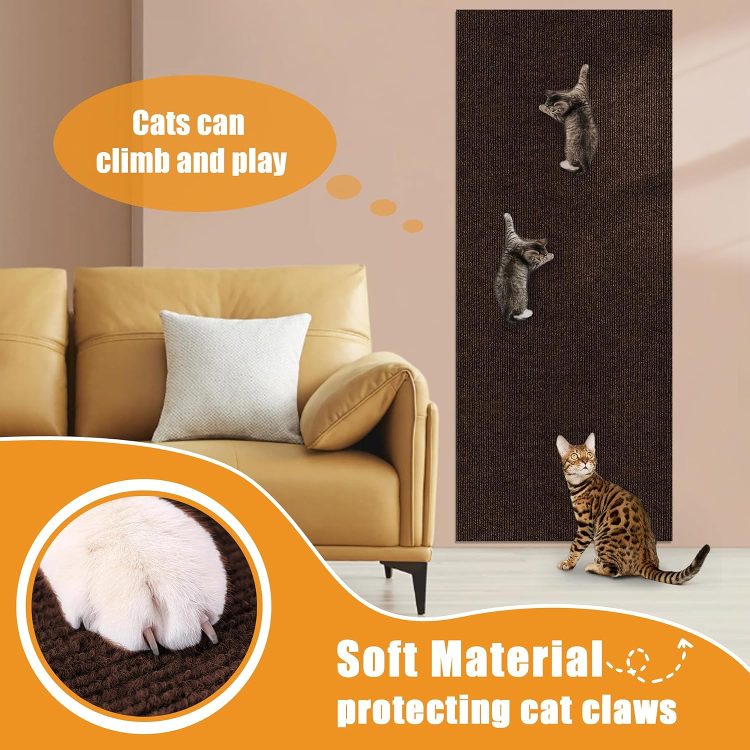 Cat Scratching Mat Self-Adhesive, Trimmable Furniture Protector for Couch, Sofa, Wall & Cat Trees - Durable Scratch Pad with Nano Tape, DIY Climbing Carpet for Indoor Cats (Brown, 23.6"X15.8") - Brown image number 4