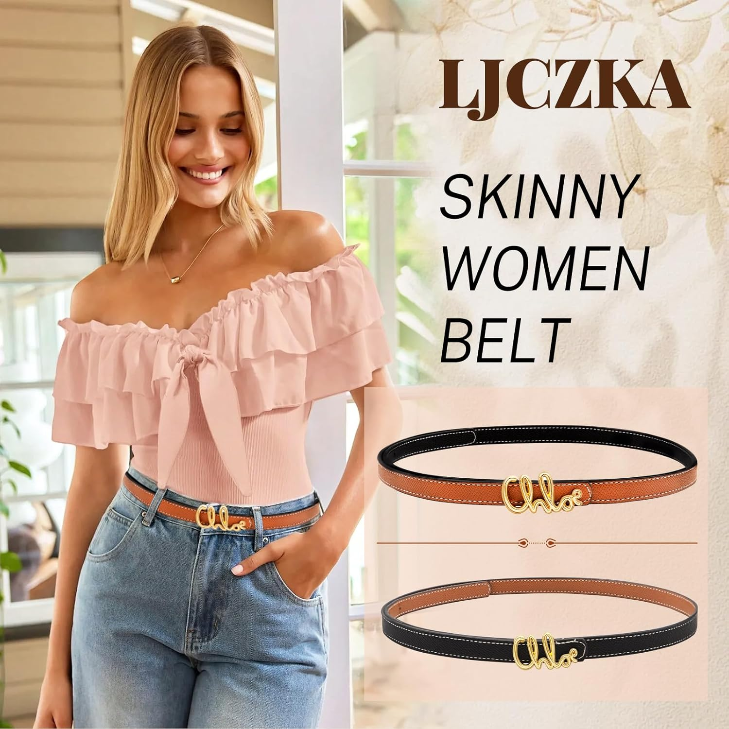 LJCZKA Women Skinny Reversible Belts for Jeans Dress Coats,Adjustable Thin Waist Leather Belt for Ladies with Gold Buckle image number 6