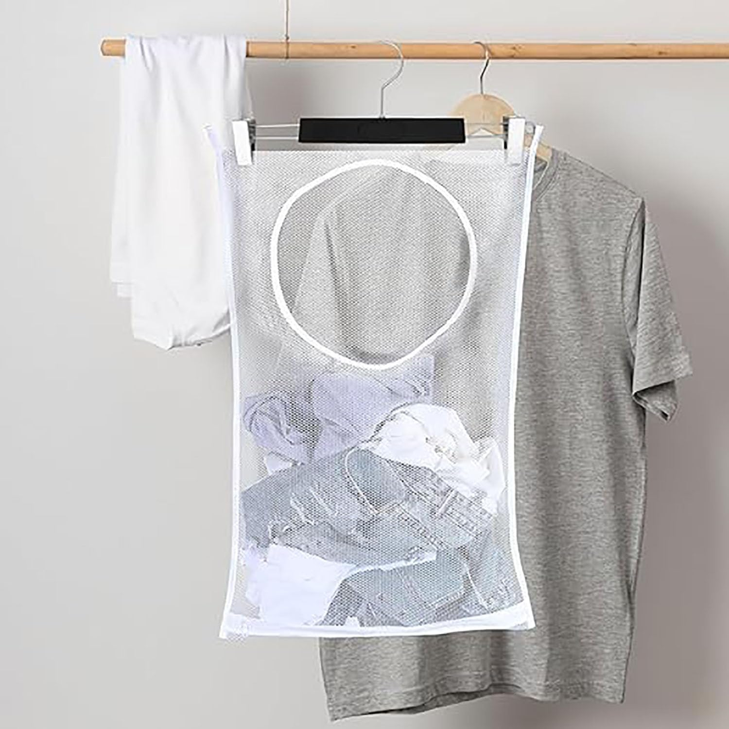 2 Pack Hanging Mesh Storage Bags, 77Cmx50Cm Mesh Sack with 4 Adhesive Hooks, Door Hanging Laundry Hamper Bag Perfect for Dormitory Bathroom Kitchen Storage Dirty Clothes/Junk Foods/Plush Toy image number 3