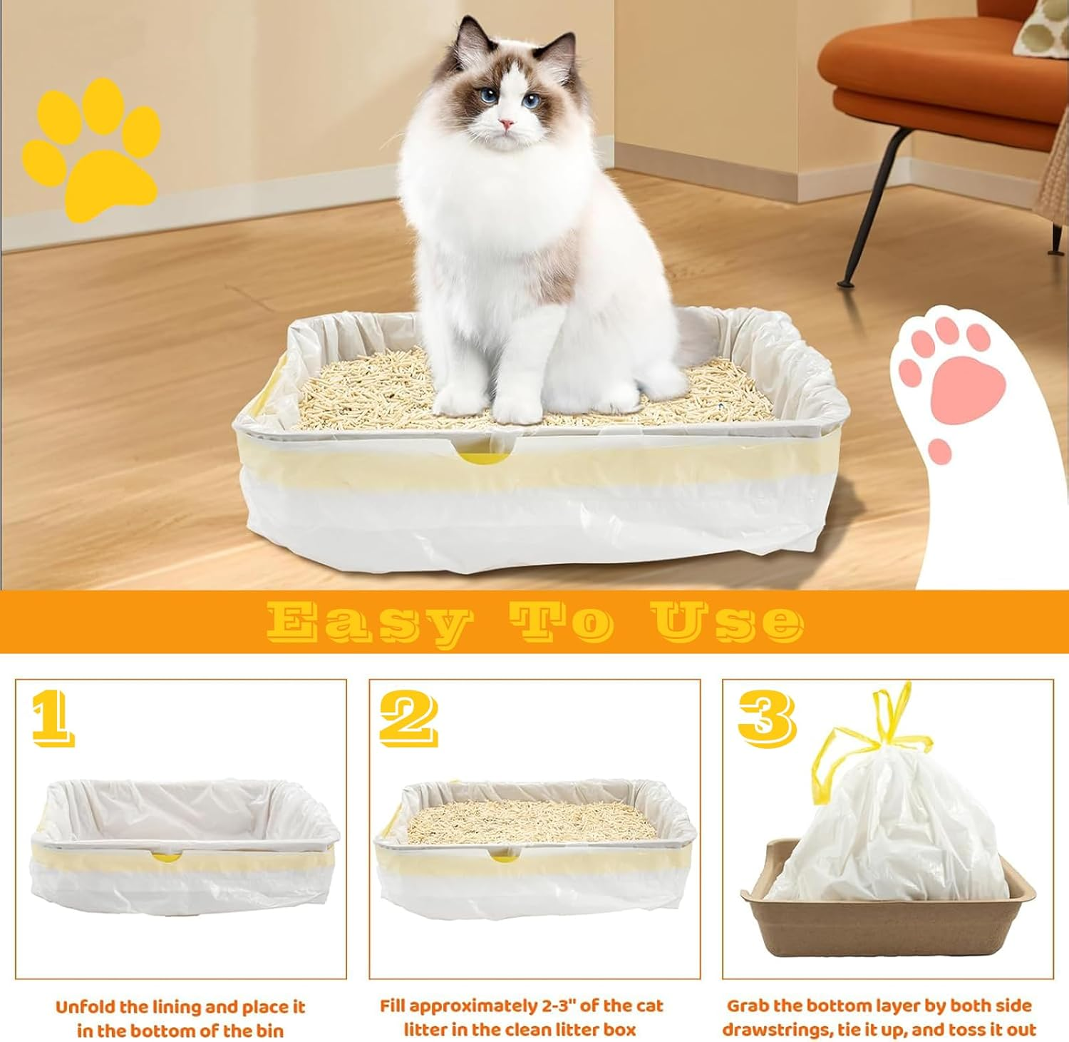 60 Count Extra Thick Jumbo Drawstring Cat Litter Box Liners 94 * 45.7Cm, Large Cat Litter Bags for Stainless Steel Sifting Litter Box and Automatic Cat Litter Box, Extra Thick Drawstring Litter Liner image number 1