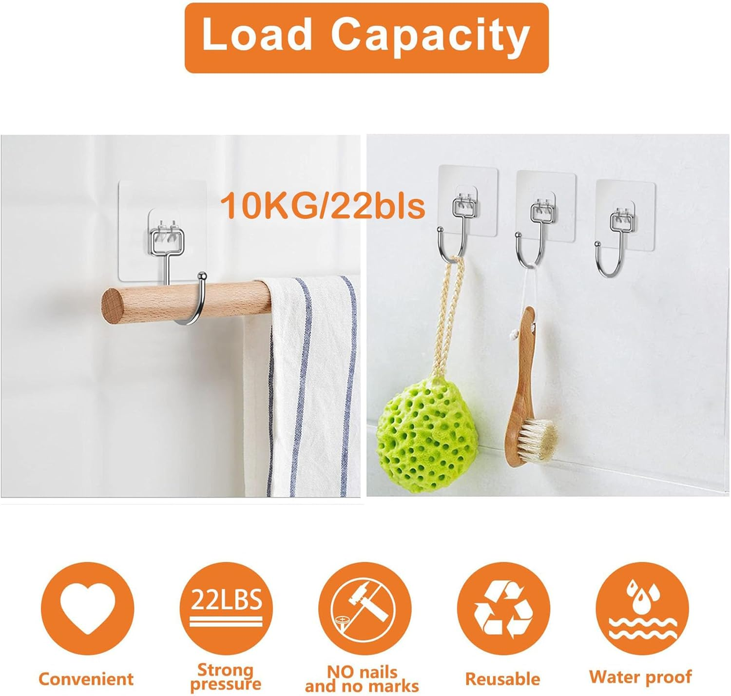 10 Pack Adhesive Wall Hooks for Hanging Heavy Duty 22 Lbs Hooks for Walls No Damage, Towel Sticky Clear Hooks, Waterproof, Home, Bathroom, Kitchen, Office, and Outdoor image number 4