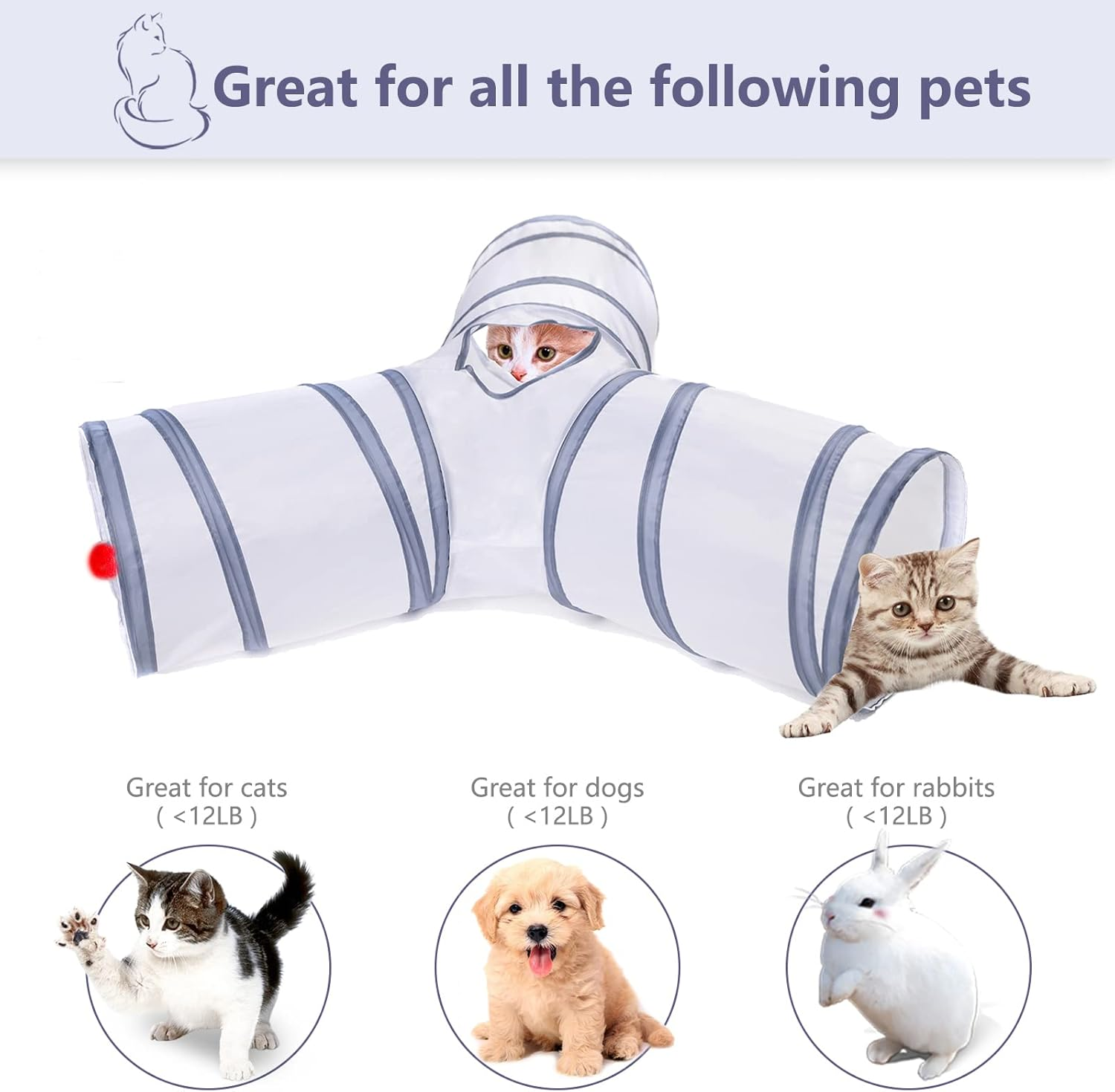Alicedreamsky Cat Tunnel, Collapsible Tube with 1 Play Ball Toys, 3 Ways Tunnels for Indoor Cats, Puppy, Kitty, Kitten, Rabbit (White and Gray) image number 3
