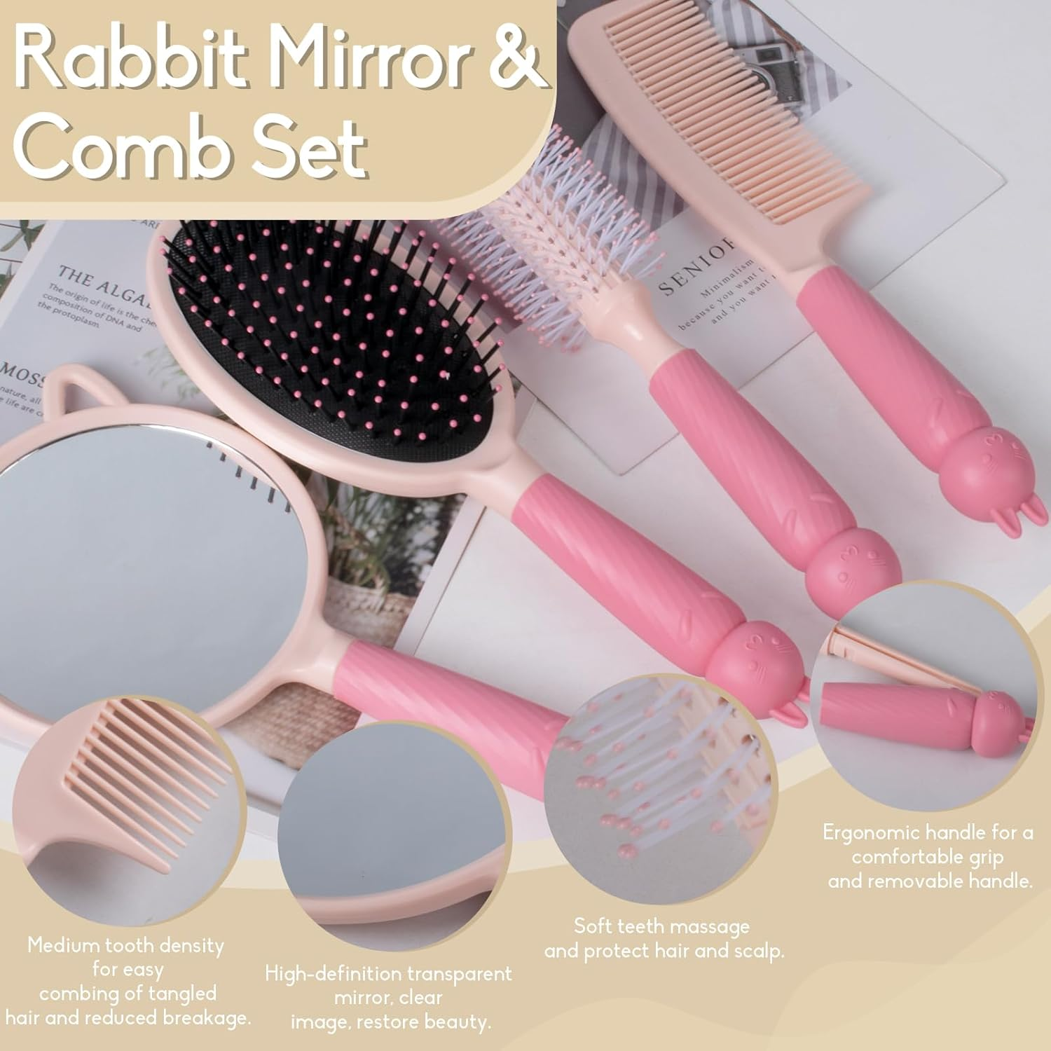 MEGAVOW 4 Pcs Cute Hairbrush Hand Mirror Set, Detangle Massage Comb, Fine Tooth Comb, Rabbit Personalised Handheld Mirror, round Curly Brush for Girls Wet Dry Hair Styling (Pink) image number 6