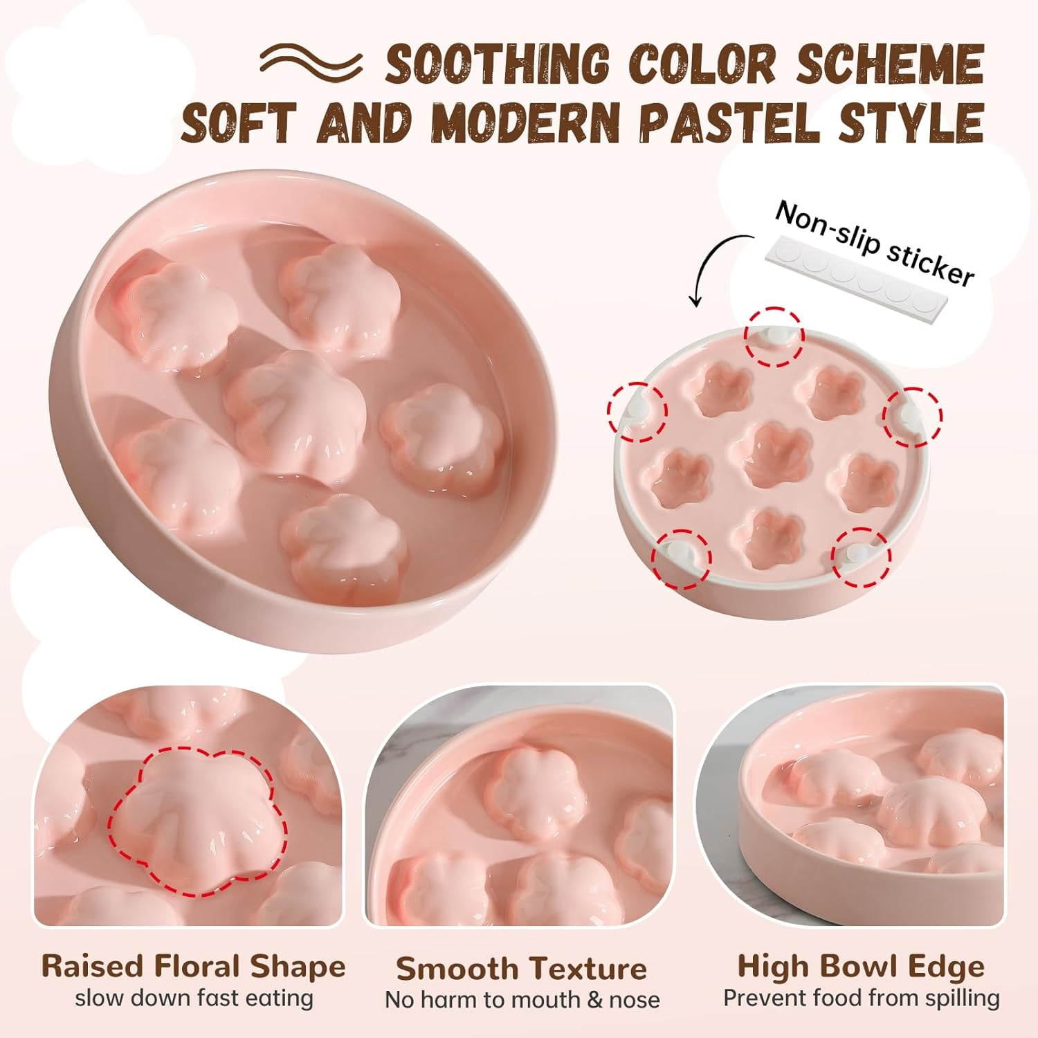 Cat Slow Feeder Bowl Ceramic - Slow Eating Cat Bowl anti Vomiting - Pastel Tones Cat Food Plate - Cute Bloom Cat Feeding Bowl - Fun Maze Cat Dish for Fast Eaters - Dishwasher Safe - 6 OZ - Pale Pink