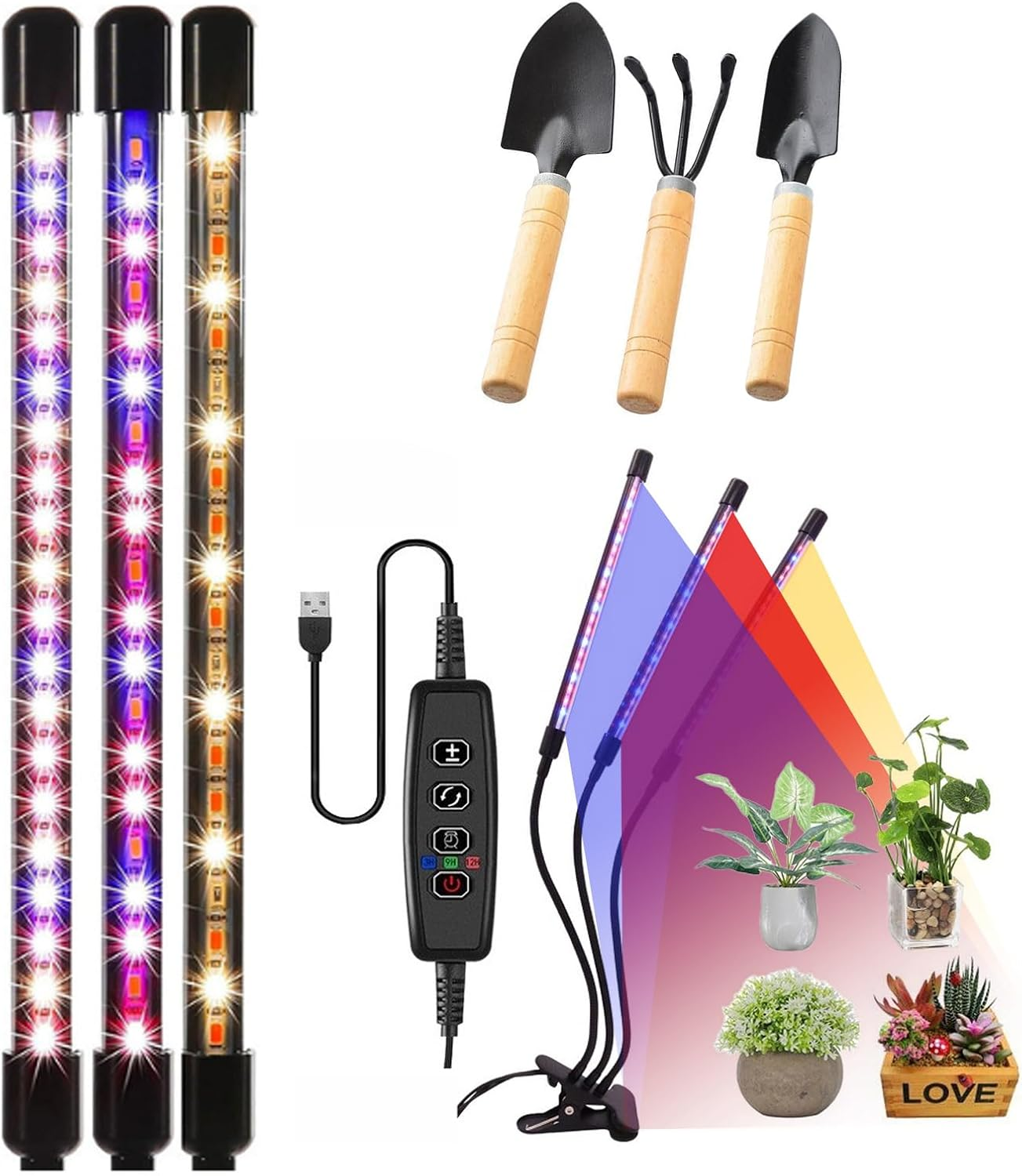 LED Grow Lights for Indoor Plants, 10 Dimmable Levels & Full Spectrum Sunlight, Auto On/Off Timer 3/9/12H, Adjustable Gooseneck with Clip-On Design, for Seeds, Succulents, Hydroponics (3 Tubes) image number 6