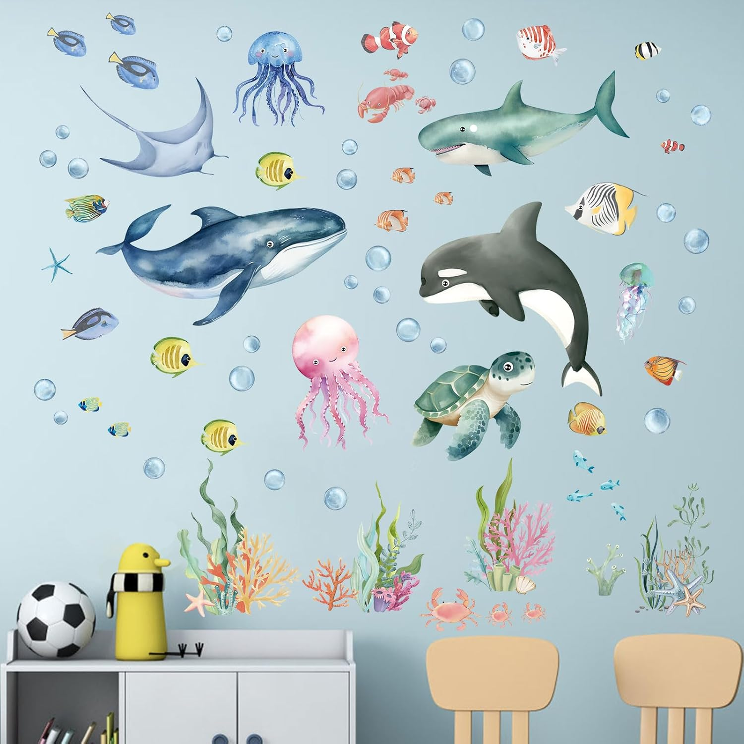 Under the Sea Wall Decals - Marine Theme Shark Whale Fish Sea Turtle Ocean Wall Stickers - Bathroom Baby Nursery Kids Bedroom Daycare Wall Decor image number 3