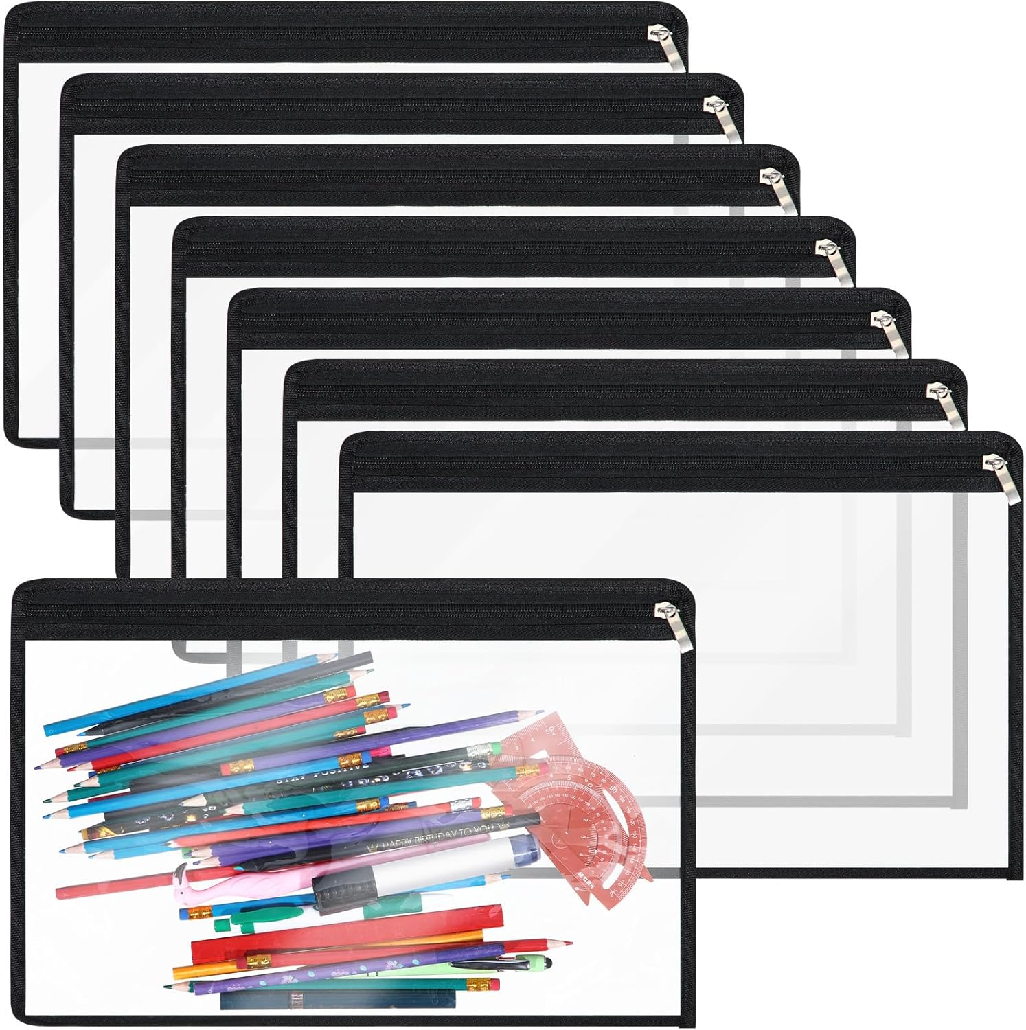 8 Pieces Clear Zipper Pouches Pencil Pouches PVC Makeup Pouch Envelopes Folder Storage Multi Purpose Pouch Document File Organization Bags, Office Supplies (Black Edging, 11.5 X 7 Inches)