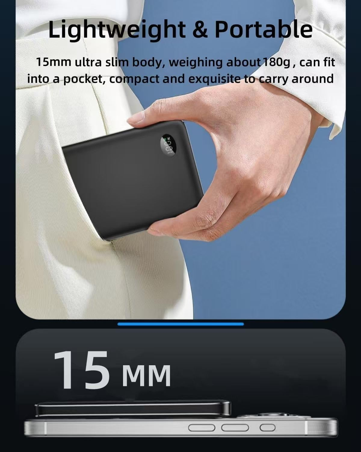 10000Mah Wireless Portable Charger, 3 in 1 Magnetic Power Bank 20W PD Fast Charging USB C Battery Pack with LED Display Compatible with Iphone 16/15/14/13/12, Watch Series, Airpods image number 3