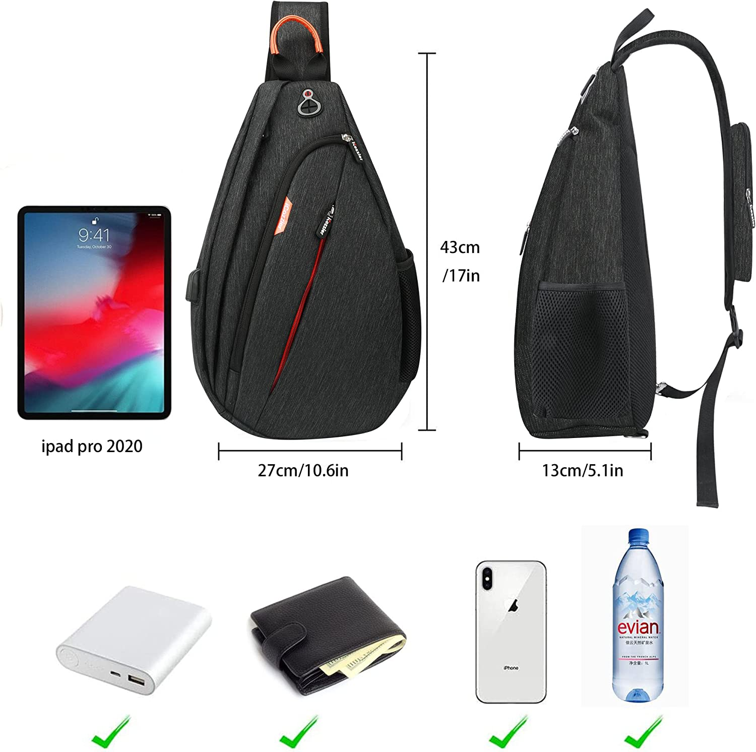 Icozzier Mens Sling Chest Bag Crossbody Backpack Shoulder Bag for Men Waterproof Outdoor Rucksack anti Theft Daypack with USB Charger Port& Bottle Holder for Biking Travel Cycling image number 3