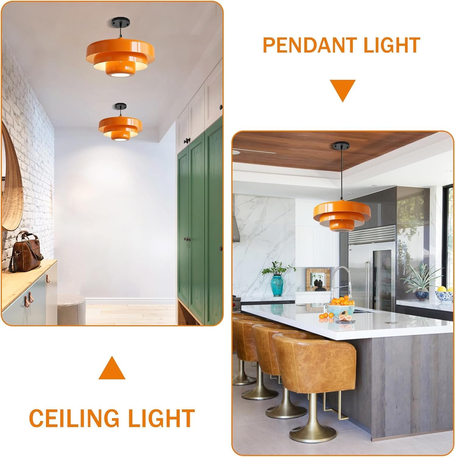 Mid Century Pendant Light Fixtures Orange Ceiling Pendant Lighting 3-Layer Metal Shade Design Vintage Hanging Light Flush Mount Light for Kitchen Island Dining Table Hallway (Orange) image number 3