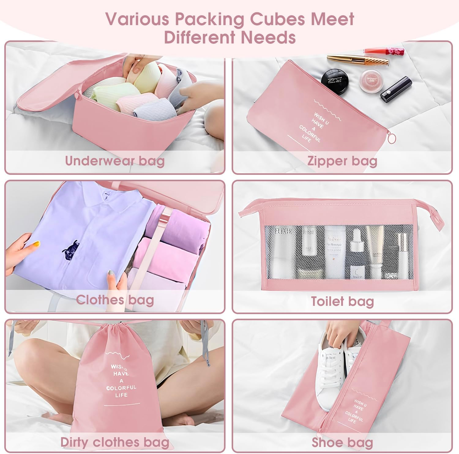 8PCS Packing Cubes for Travel, Luggage Organizer Bags with Shoe & Laundry Bag, Mesh Travel Essentials Bags, Durable & Lightweight Various Sizes Suitcases Packing Organisers (Pink, Set of 8) - Beige image number 2