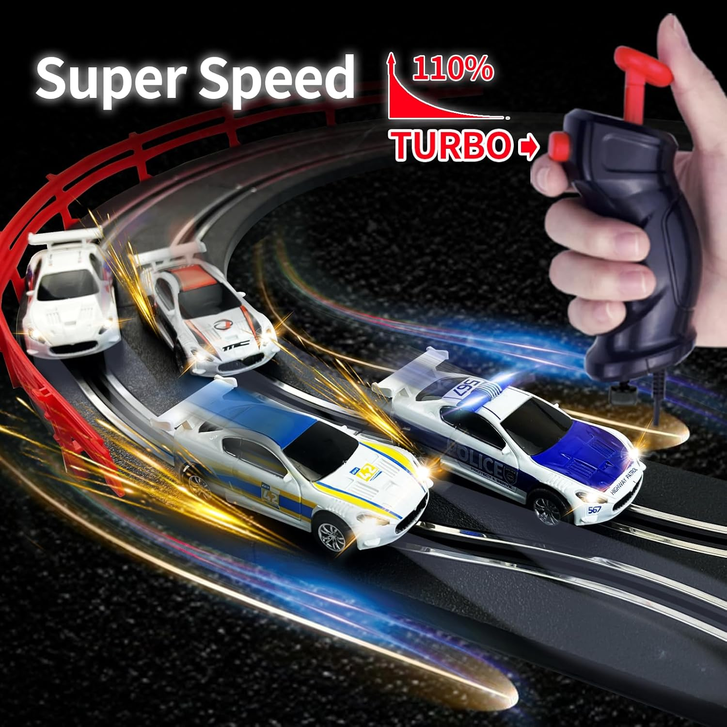 Slot Car Race Track Sets with 4 Light-Up Slot Cars, Battery or Electric Car Track, 2 Adjustable Speed Hand Controls, Track Parts and Lap Counter, Gifts Toys for Boys Girls Kids Age 4 5 6 7 8-12 image number 1