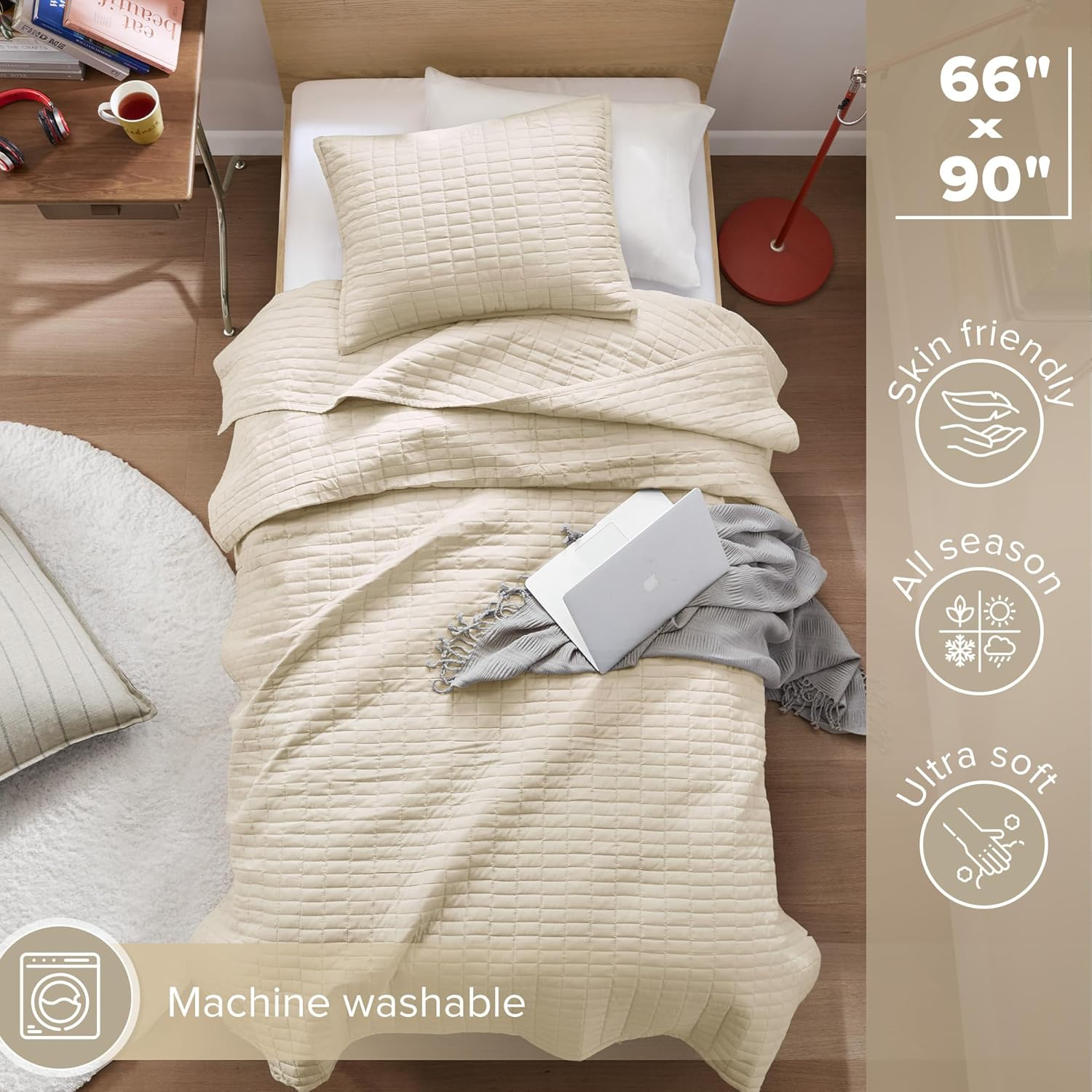 Comfort Spaces Kienna Quilt Set-Luxury Double Sided Stitching Design Summer Blanket, Lightweight, Soft, All Season Bedding Layer, Matching Sham, Ivory, Coverlet Twin/Twin Xl(66"X90") 2 Piece image number 4