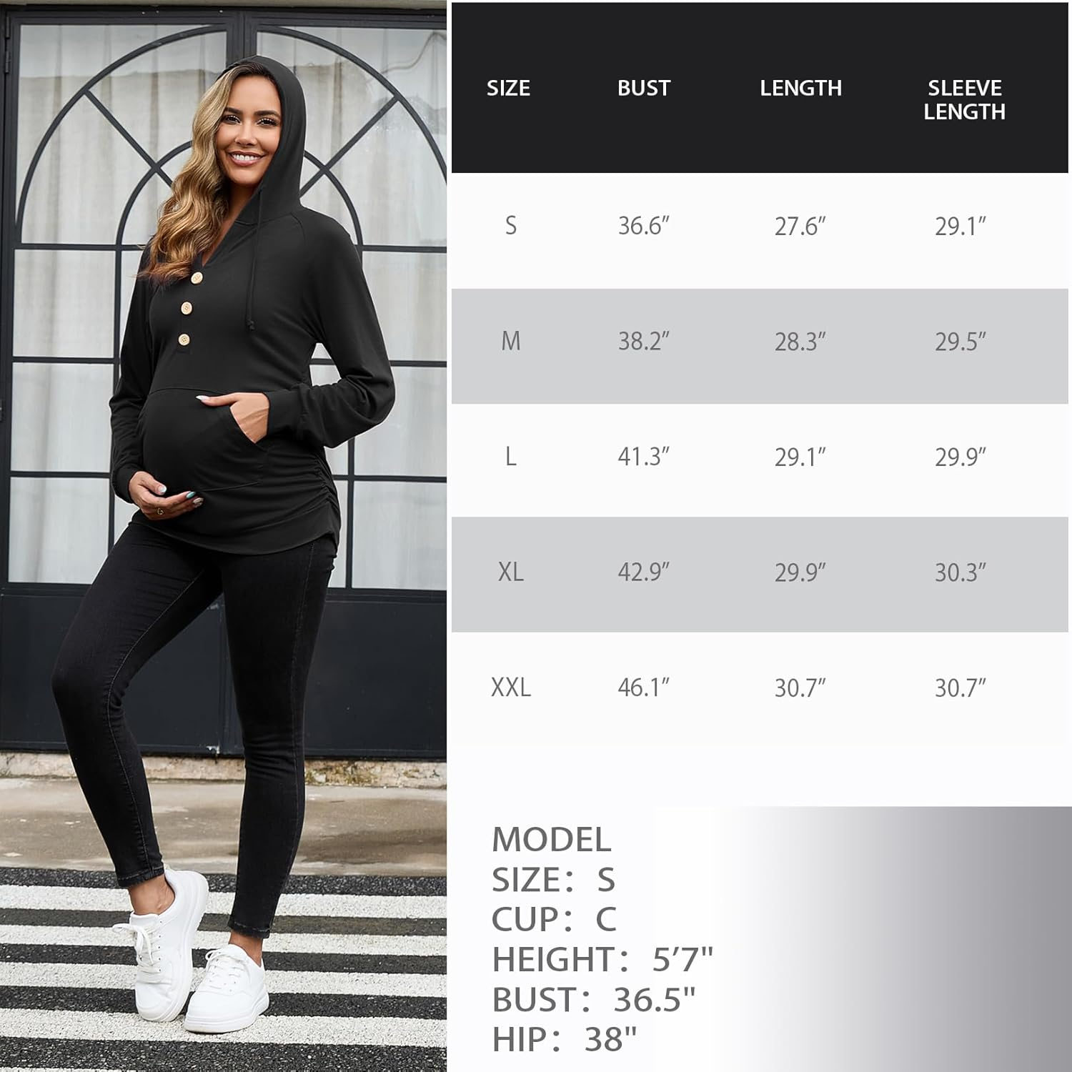 GINKANA Maternity Hoodies Long Sleeves Shirts Half Button Decoration Sweatshirt V Neck Pullover with Pockets Pregnancy Tee image number 3