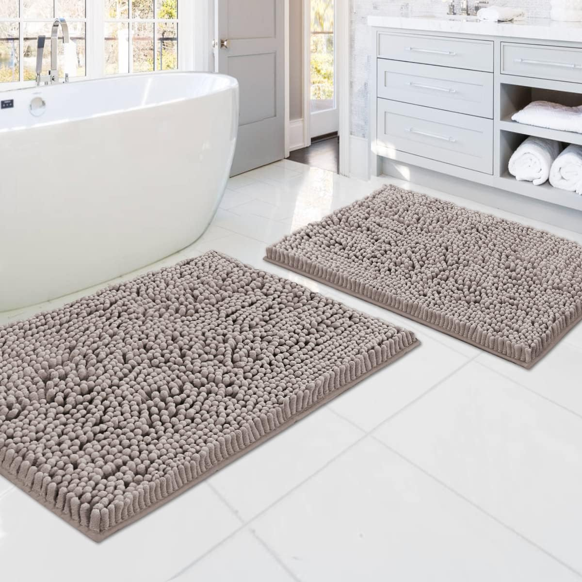 Princedeco 2-Piece Bathroom Rugs Set Non-Slip Bath Mat Soft Cozy Shaggy Thick Chenille Bath Rugs for Bathroom Plush Rugs for Bathtubs Water Absorbent- (50Cm X 81Cm / 43Cm X 61Cm), Taupe image number 2