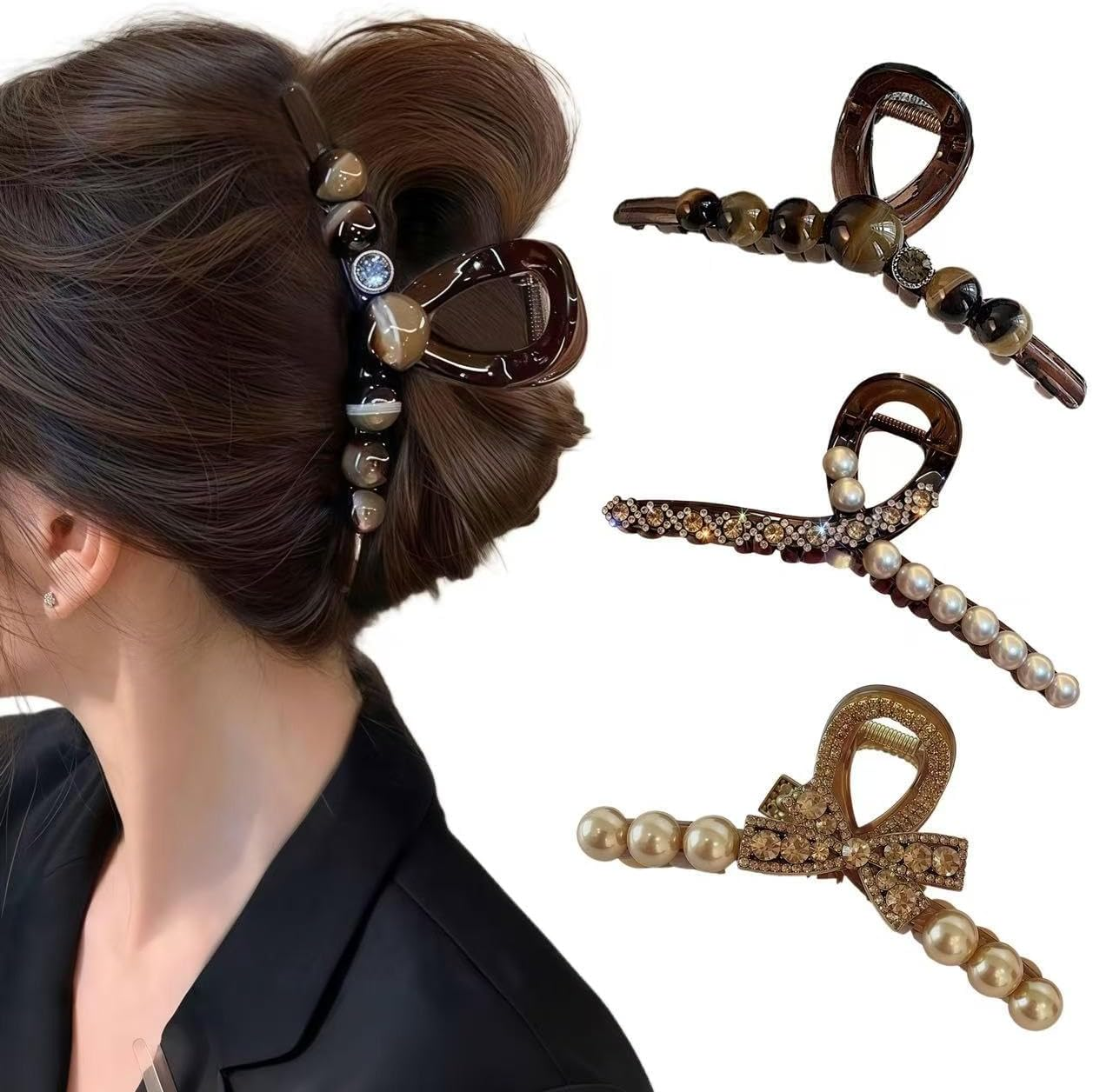 Ypkia Set of 3 Hair Clips Beads Large Hair Clips Women'S Crystal Claw Clips Set Hair Accessories for Women and Girls image number 5